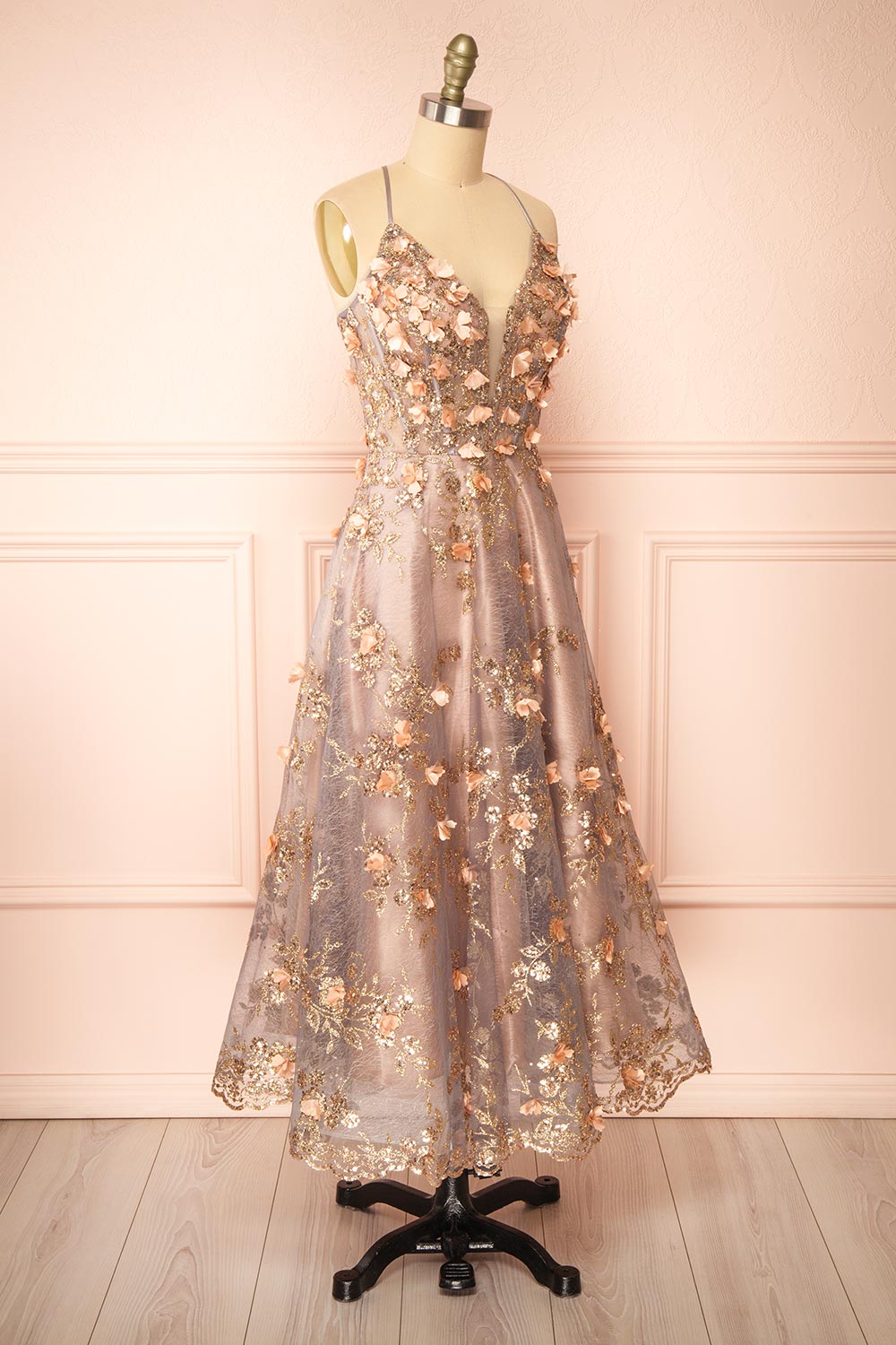 Mynia Midi Gown w/ Floral Appliqués | Boutique 1861 side view