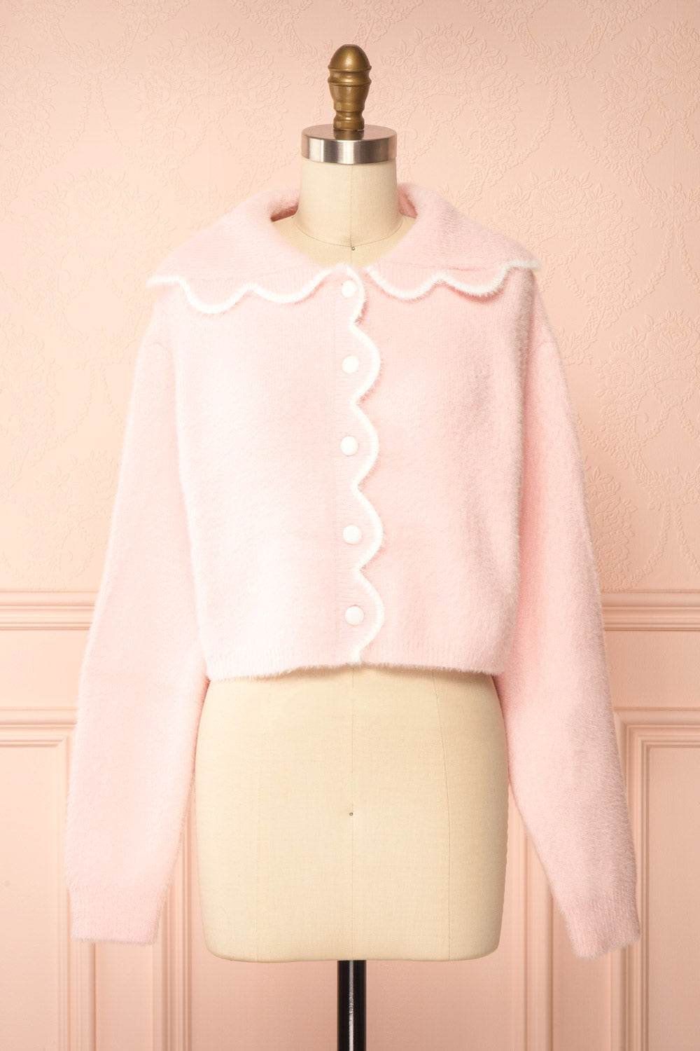 Myrabel Pink Fuzzy Cardigan with Scalloped Hem | Front View