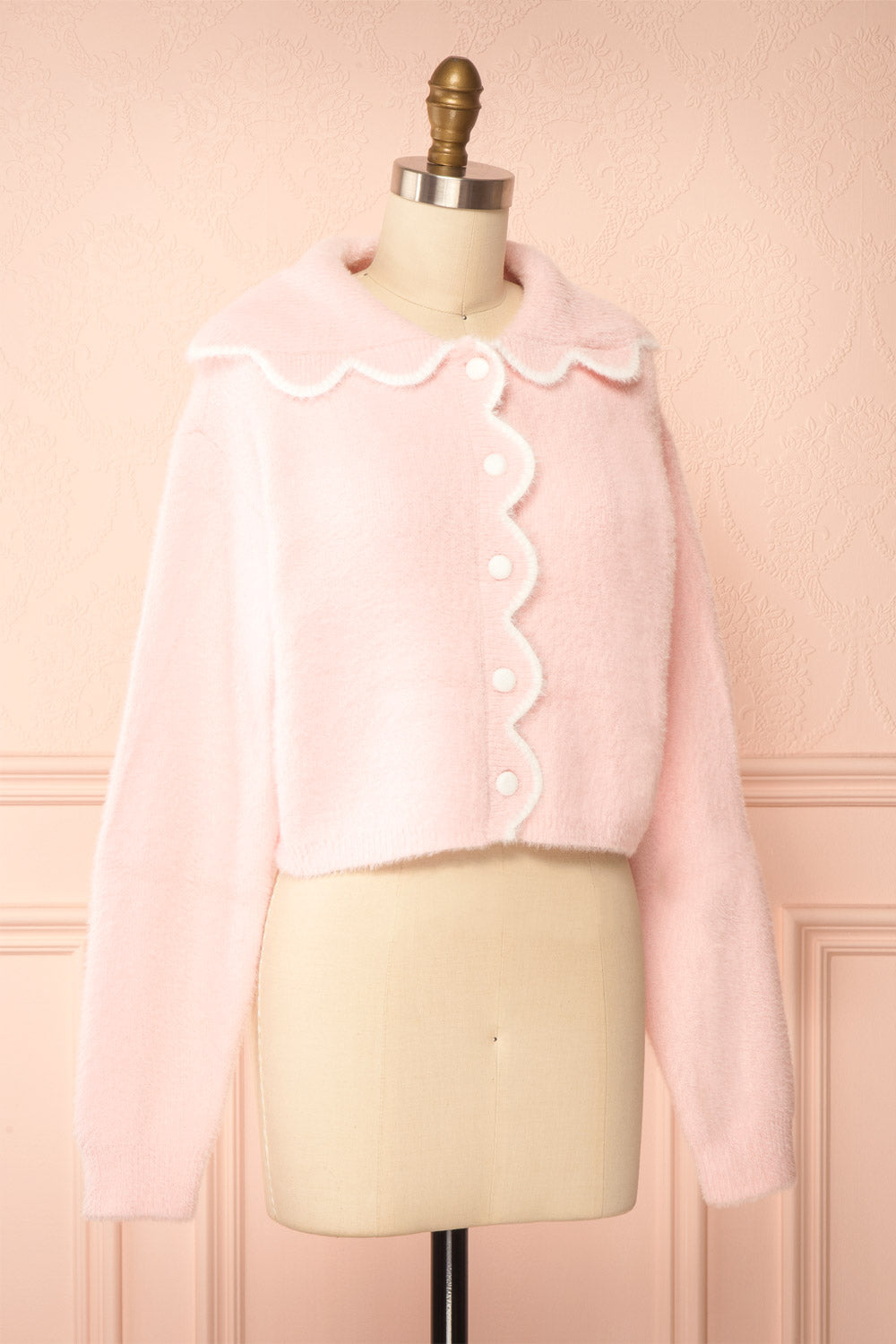 Myrabel Pink Fuzzy Cardigan with Scalloped Hem | Side View