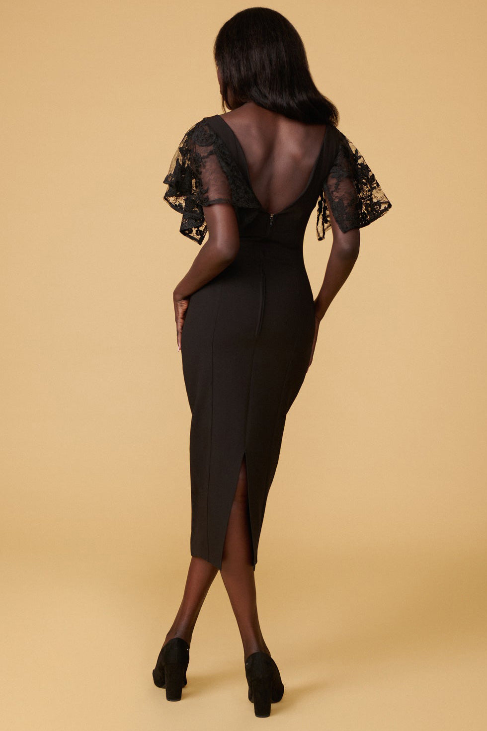 Myrania Navy Fitted Midi Dress w/ Short Sleeves | La petite garçonne model back