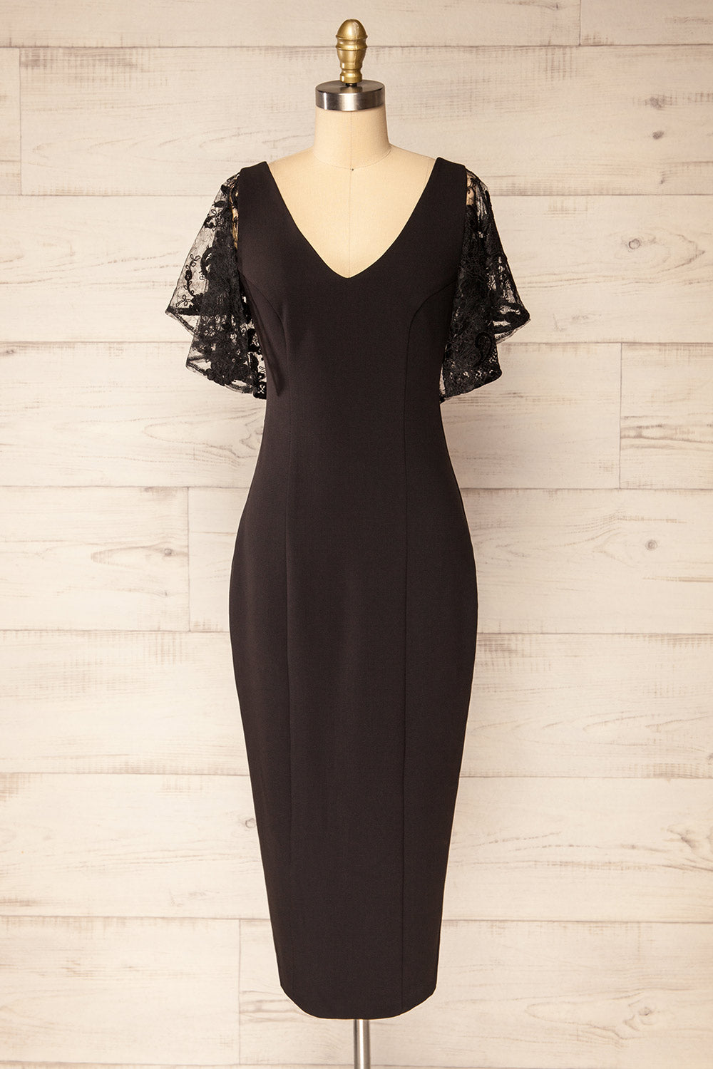 Myrania Black Fitted Midi Dress with Embroidered Sleeves and Slit by Arti Gogna | La petite garonne Myrania Black Fitted Midi Dress with Embroidered Sleeves and Slit by Arti Gogna | La petite garonne