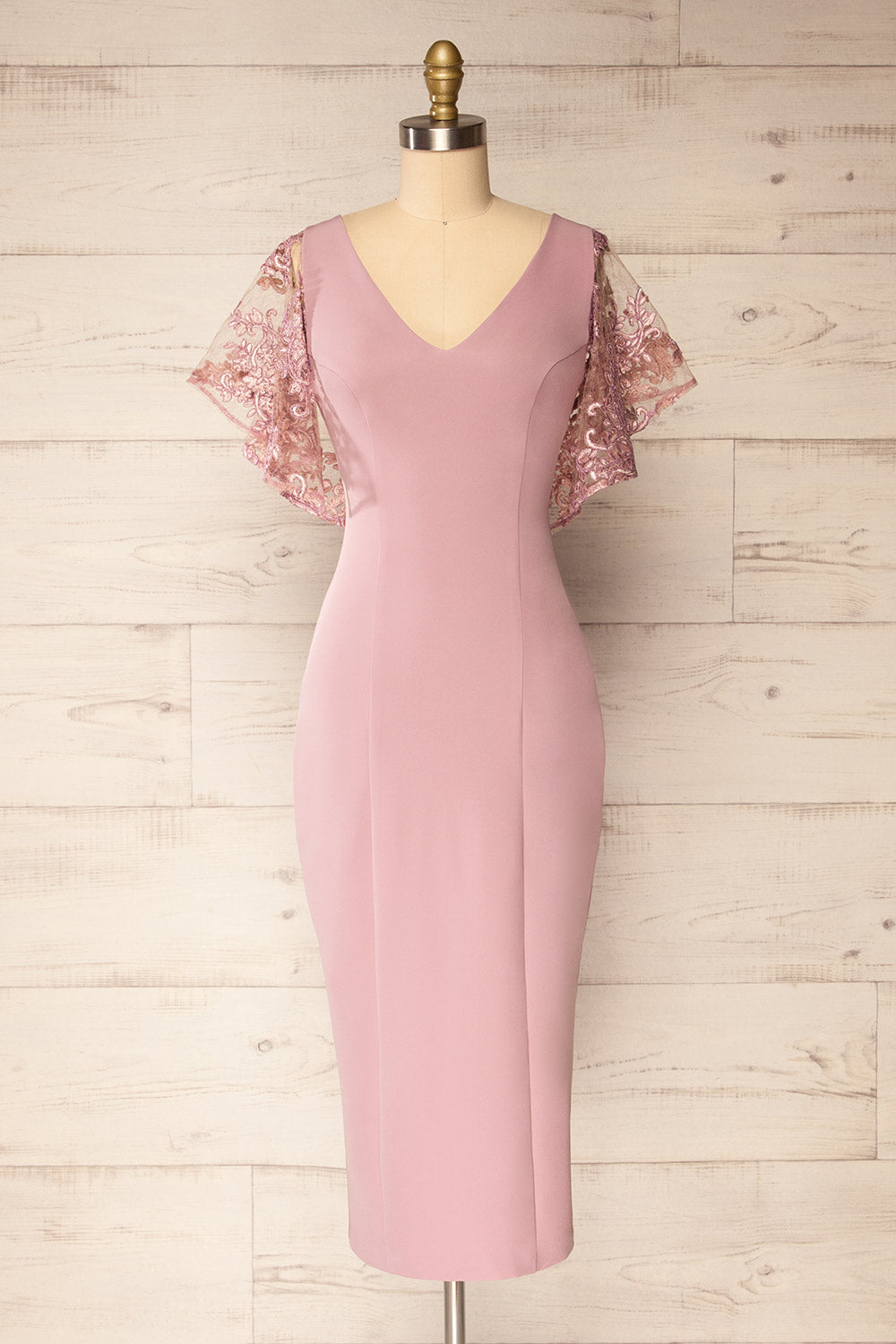 Myrania Mauve Fitted Midi Dress With Embroidered Sleeves By Arti Gogna