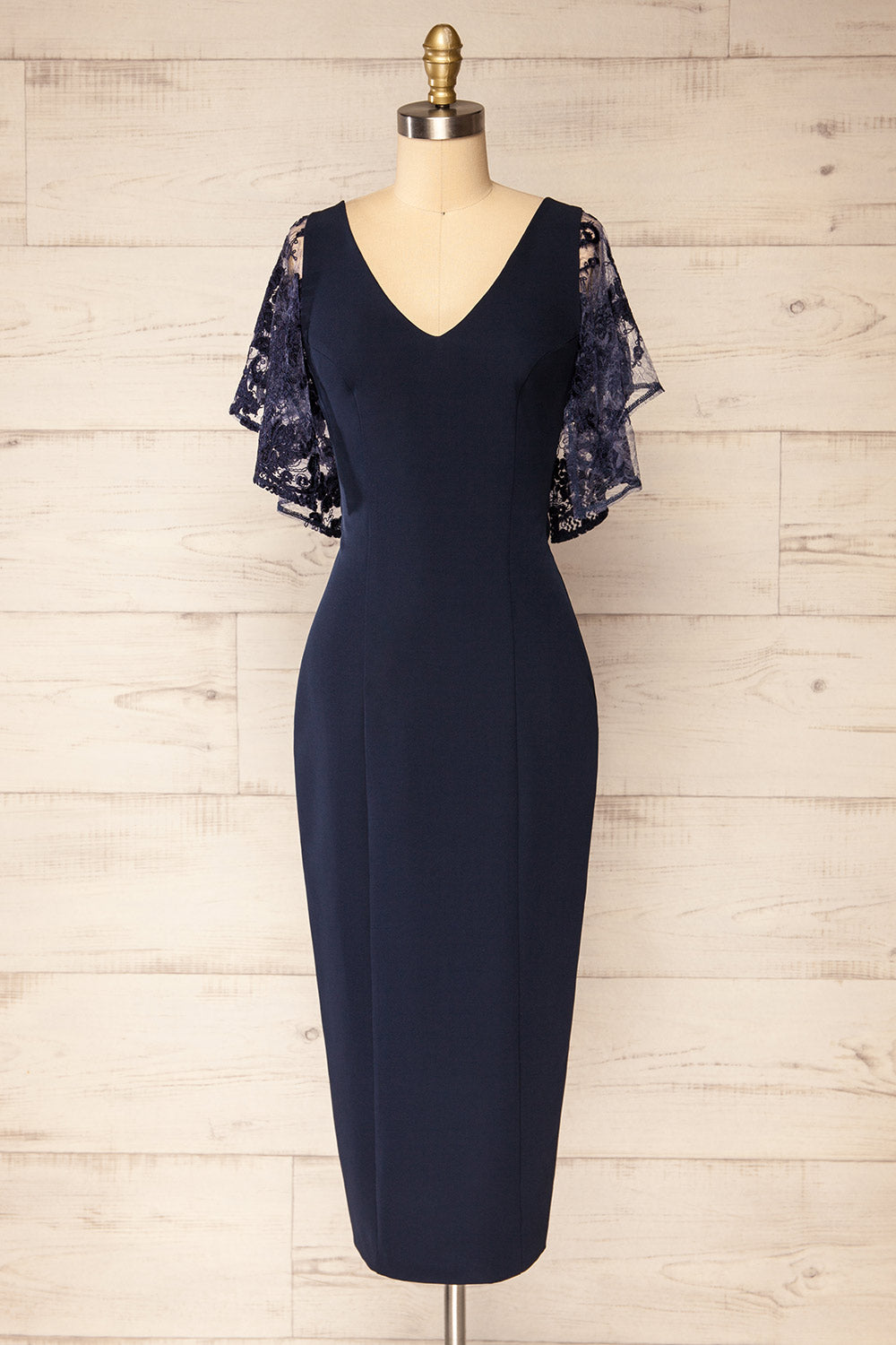 Myrania Navy Fitted Midi Dress w/ Short Sleeves | La petite garçonne front view