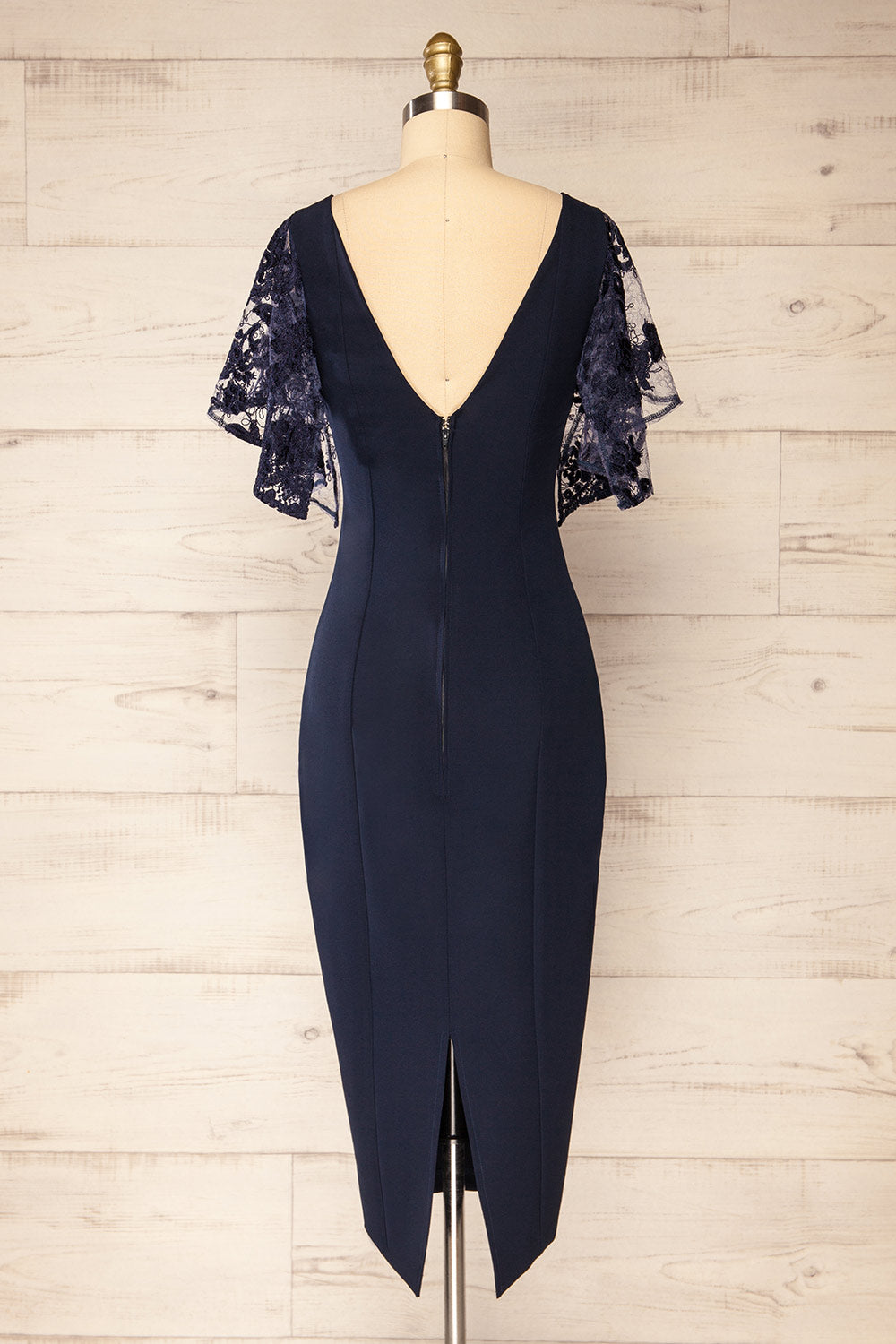 Myrania Navy Fitted Midi Dress w/ Short Sleeves | La petite garçonne back view