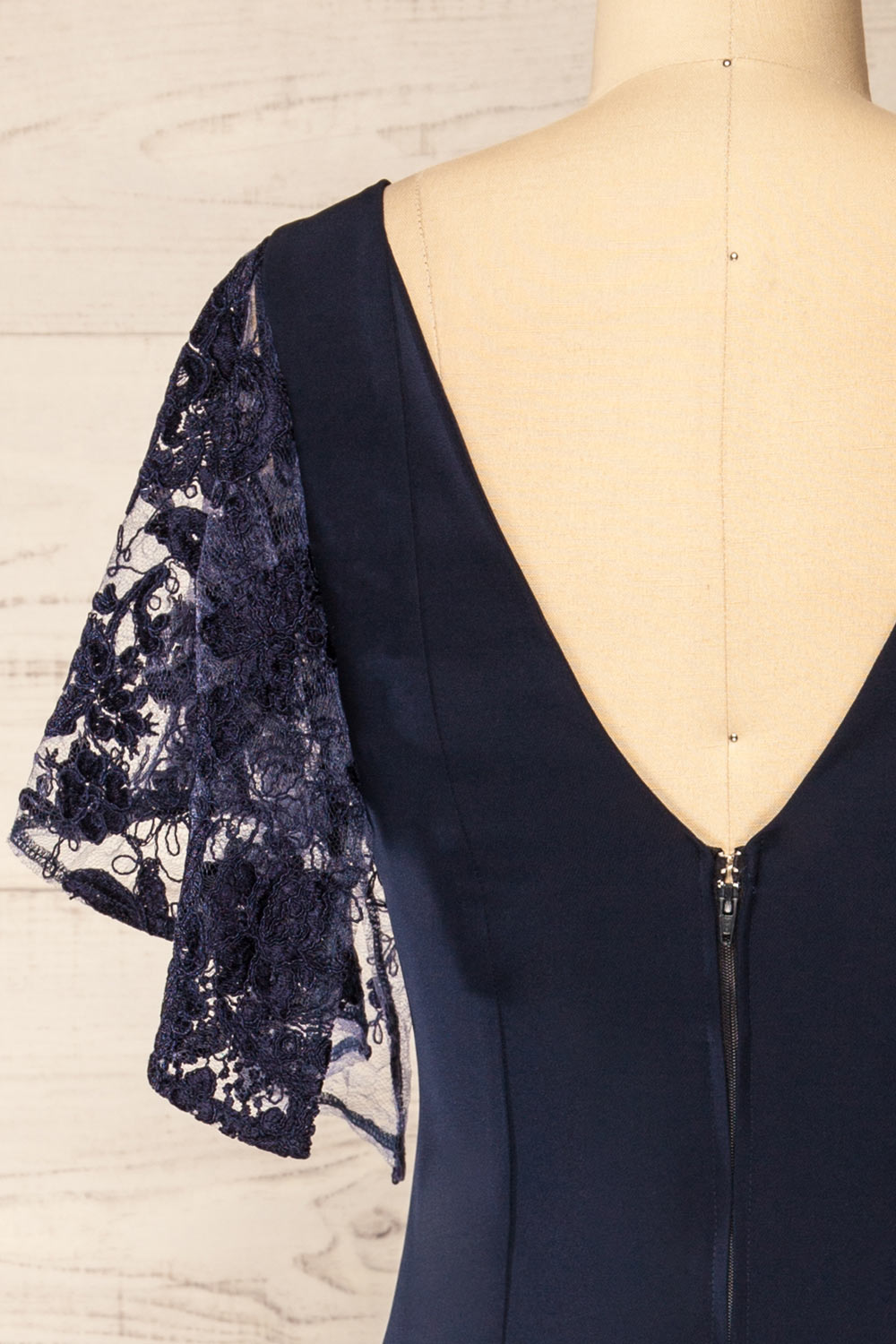 Myrania Navy Fitted Midi Dress w/ Short Sleeves | La petite garçonne back close-up