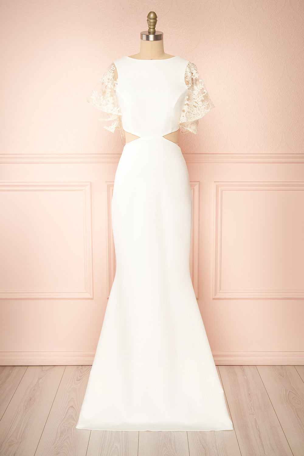 Myranie Ivory Mermaid Maxi Dress w/ Golden Lace Sleeves front view