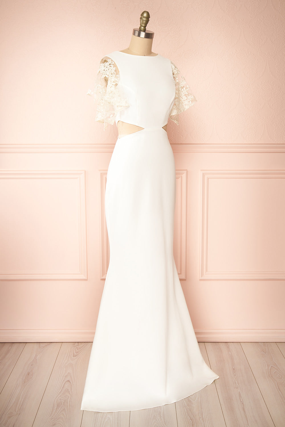 Myranie Ivory Mermaid Maxi Dress w/ Golden Lace Sleeves side view