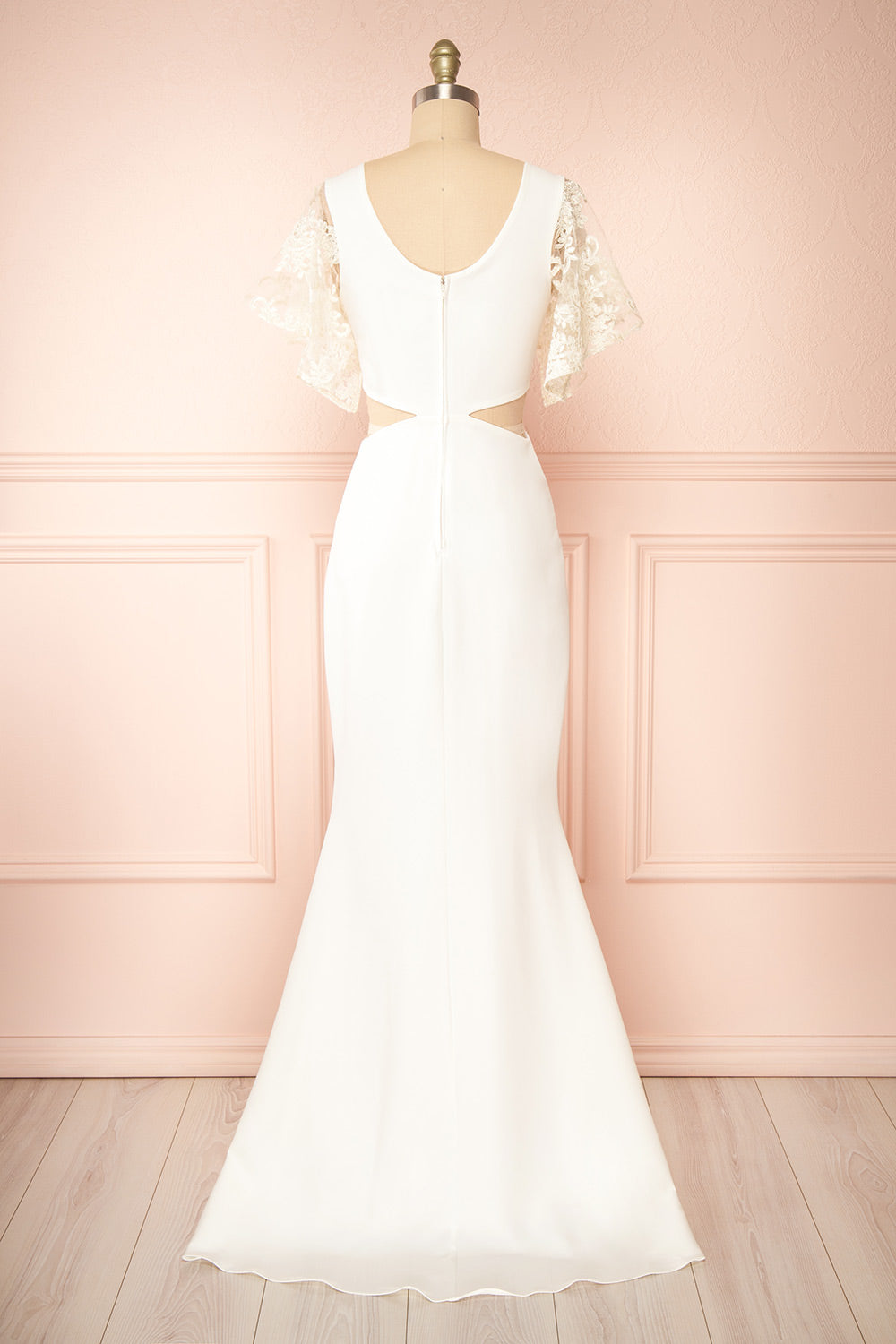 Myranie Ivory Mermaid Maxi Dress w/ Golden Lace Sleeves back view