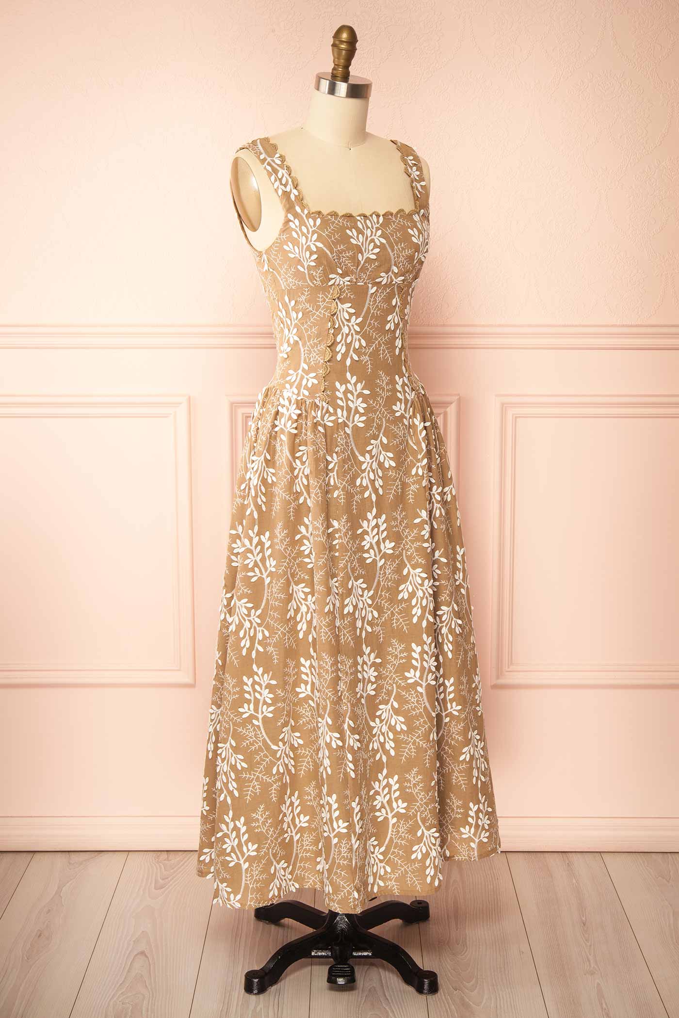 Profile view Myrix Brown Basque Waist Midi Dress with Leaf Embroidered at boutique 1861