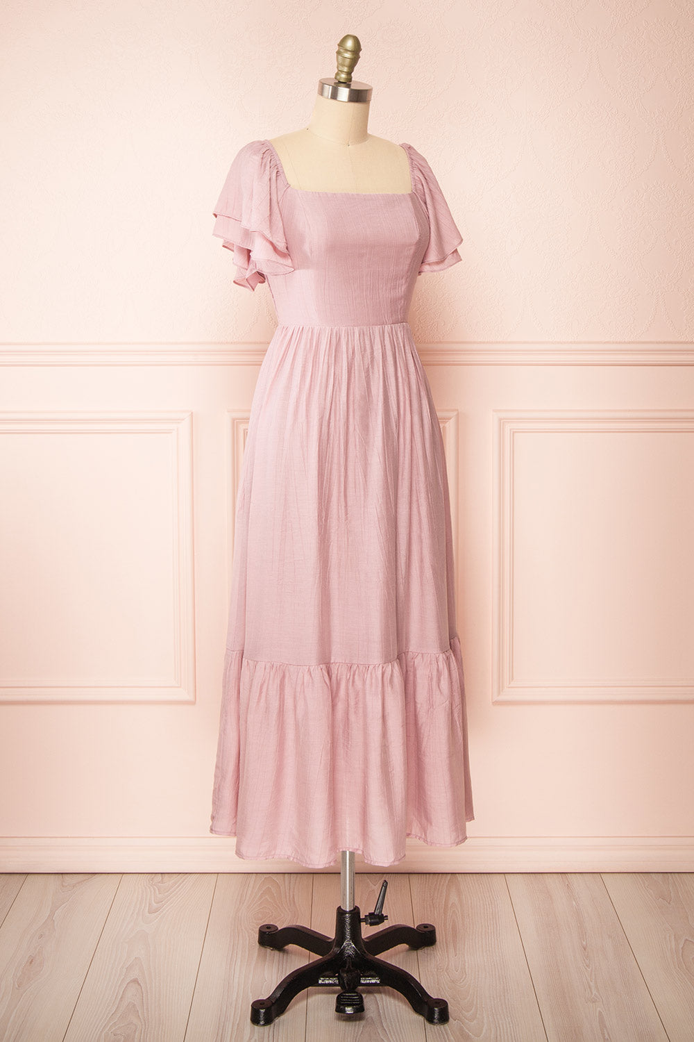 Myrtille Mauve Midi Dress w/ Ruffled Sleeves | Boutique 1861 side view