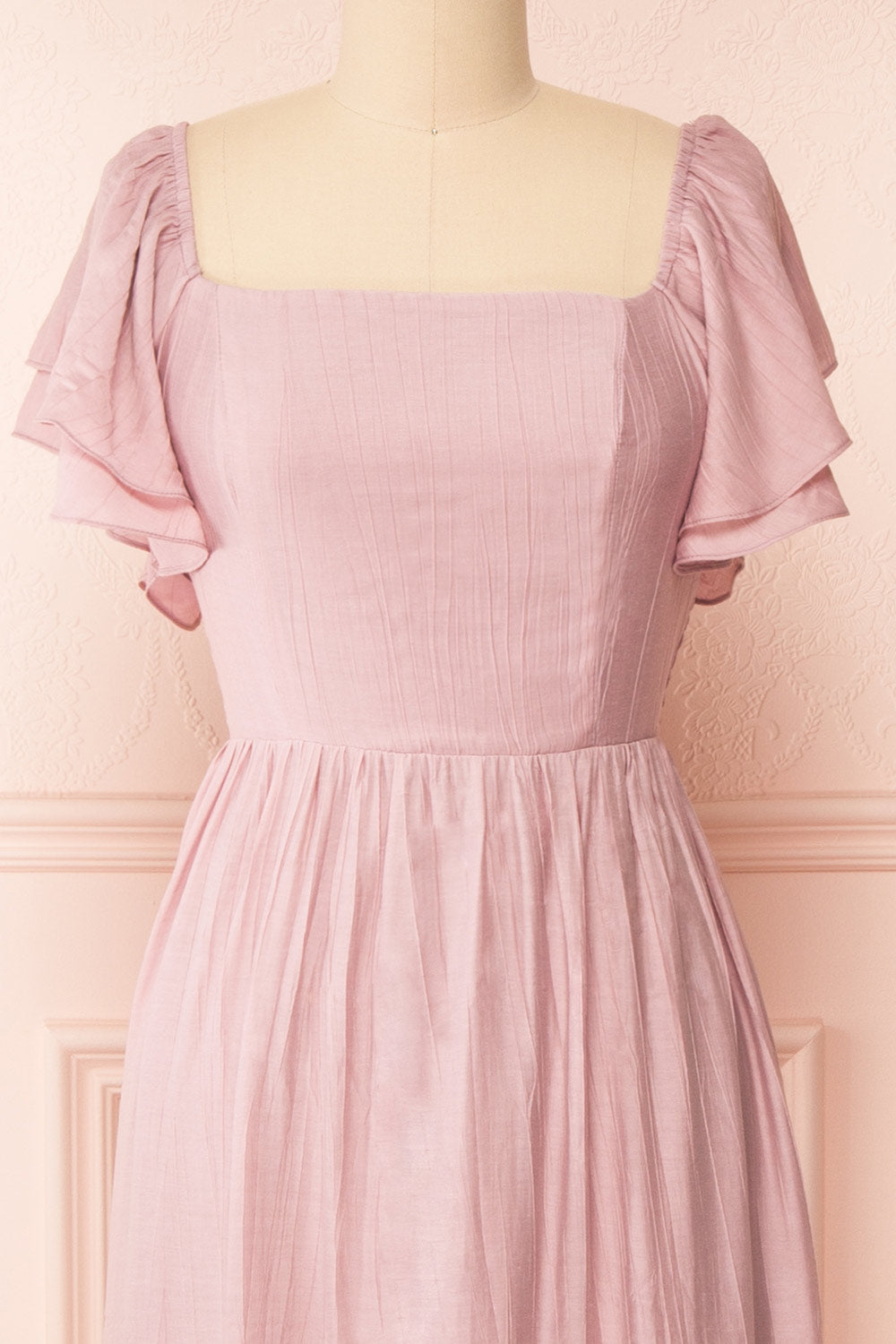 Myrtille Mauve Midi Dress w/ Ruffled Sleeves | Boutique 1861 front close-up