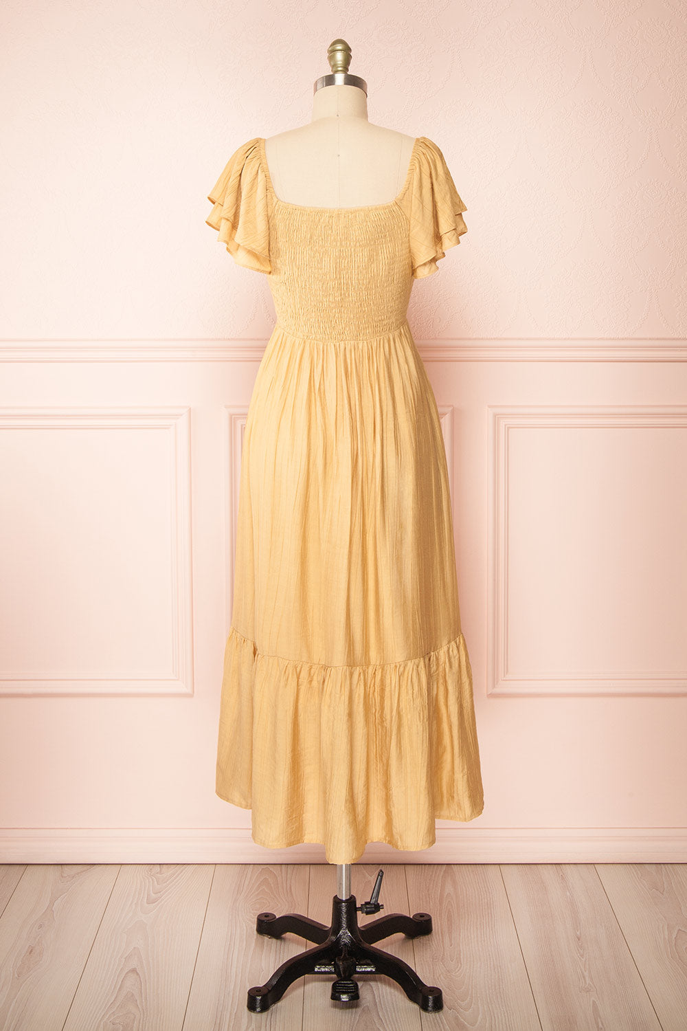 Myrtille Beige Midi Dress w/ Ruffled Sleeves | Boutique 1861 back view