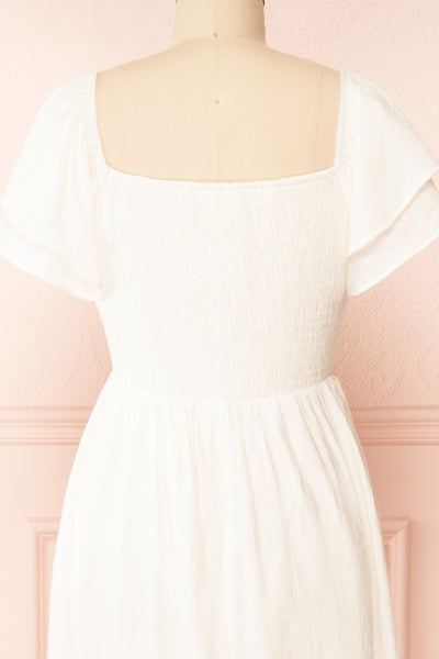 Myrtille Ivory Midi Dress w/ Ruffled Sleeves | Boutique 1861 back close-up
