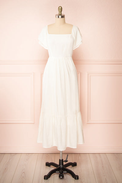Myrtille Ivory Midi Dress w/ Ruffled Sleeves | Boutique 1861 front view