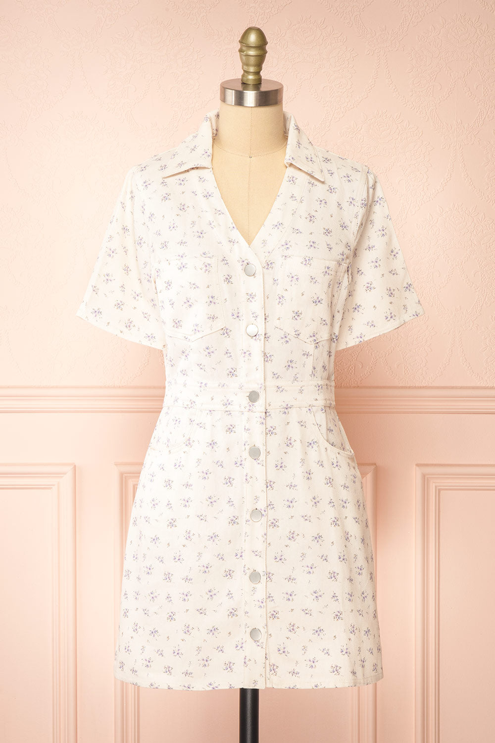 Nadine Short Floral Denim Dress w/ Pockets | Boutique 1861 front view