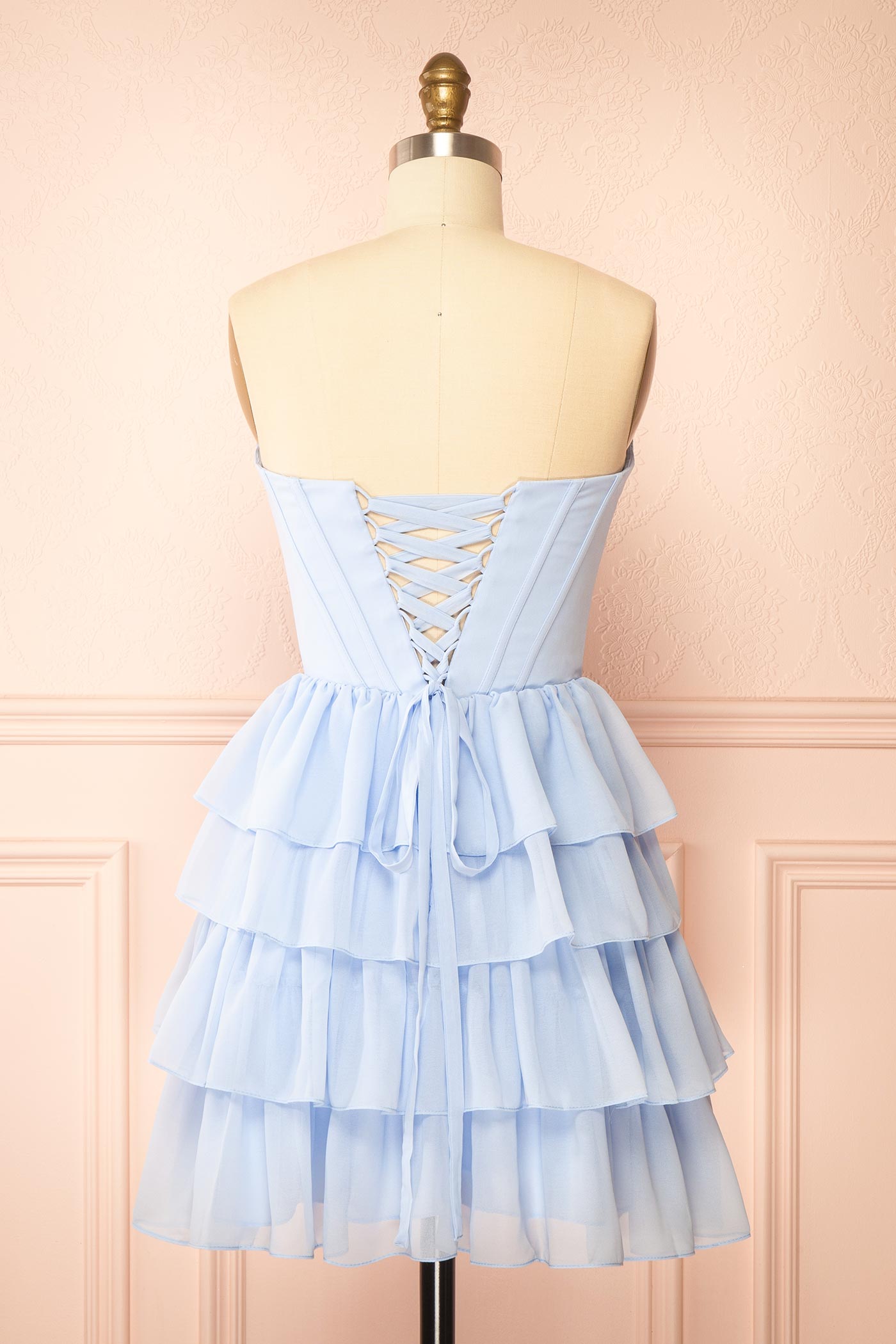 Naemia Blue Strapless Corset Mini Dress with Flower | Boutique 1861 back
