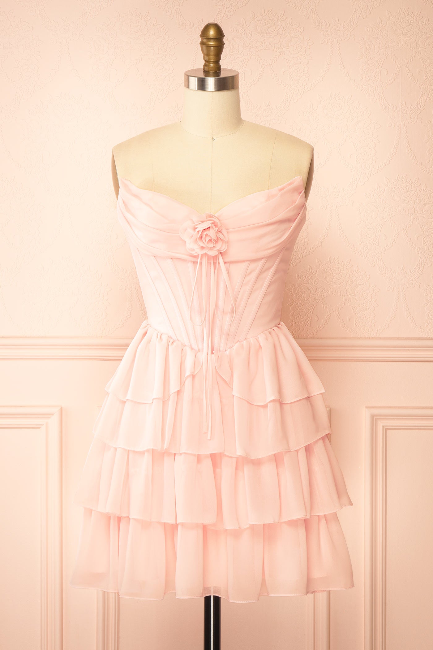 Naemia Blush Strapless Corset Mini Dress with Flower | Boutique 1861 front