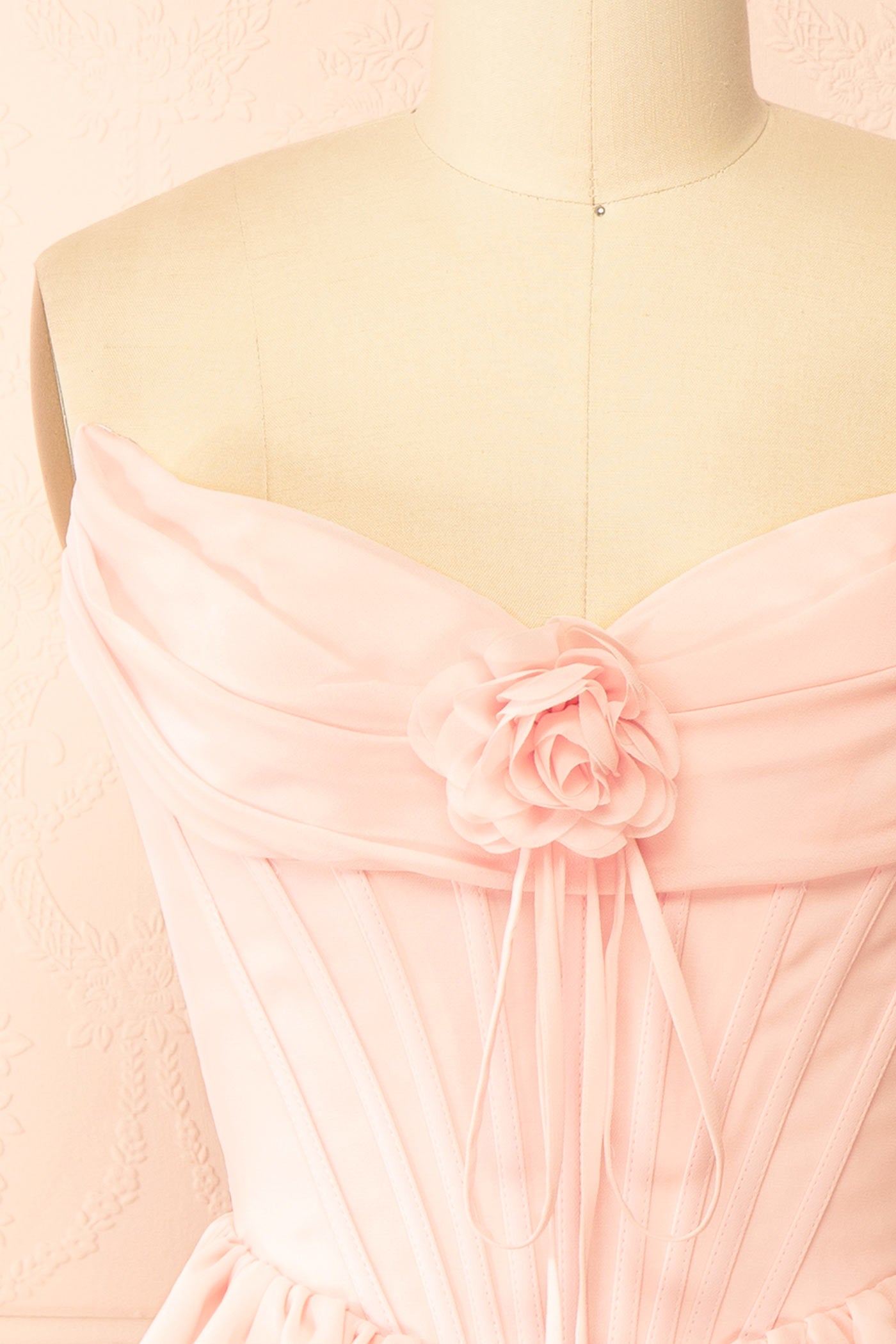 Naemia Blush Strapless Corset Mini Dress with Flower | Boutique 1861 details