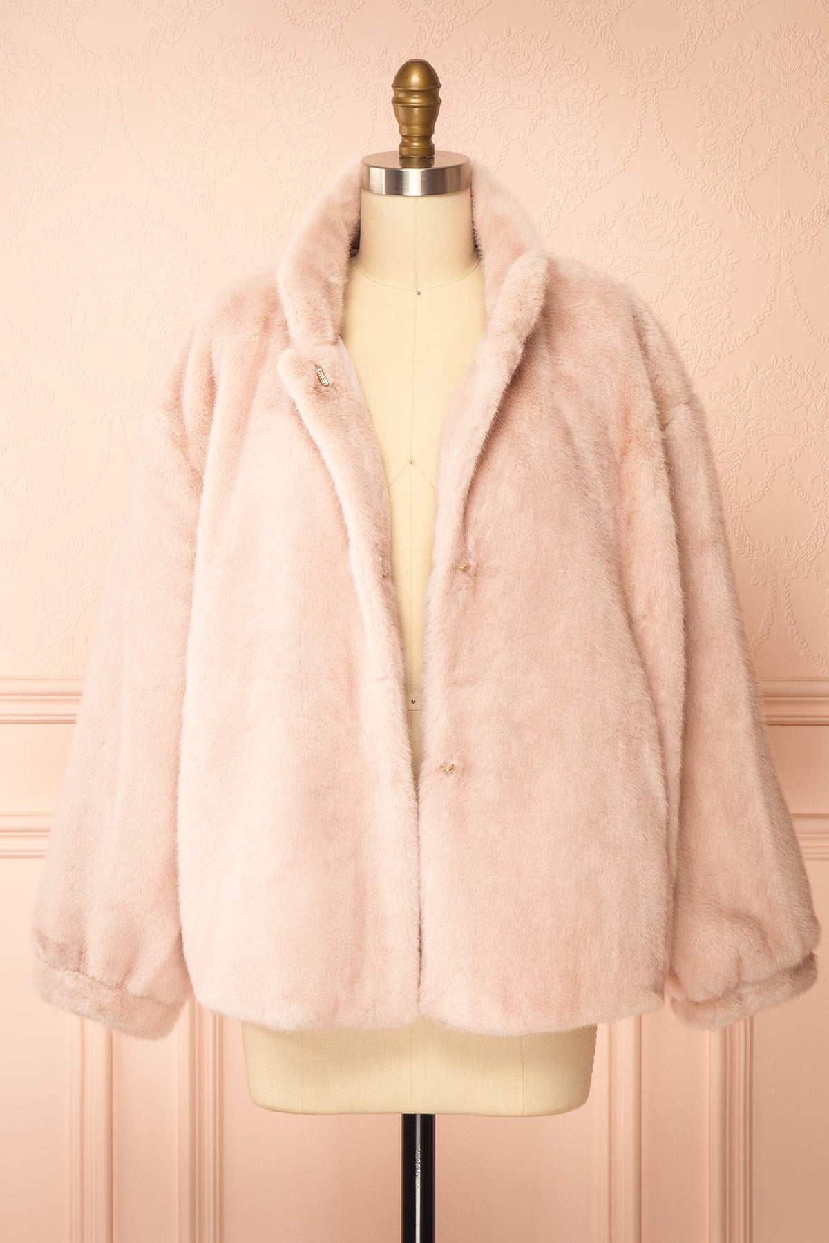 front view of Nagisa Pink Faux Fur Jacket unzipped at Boutique 1861