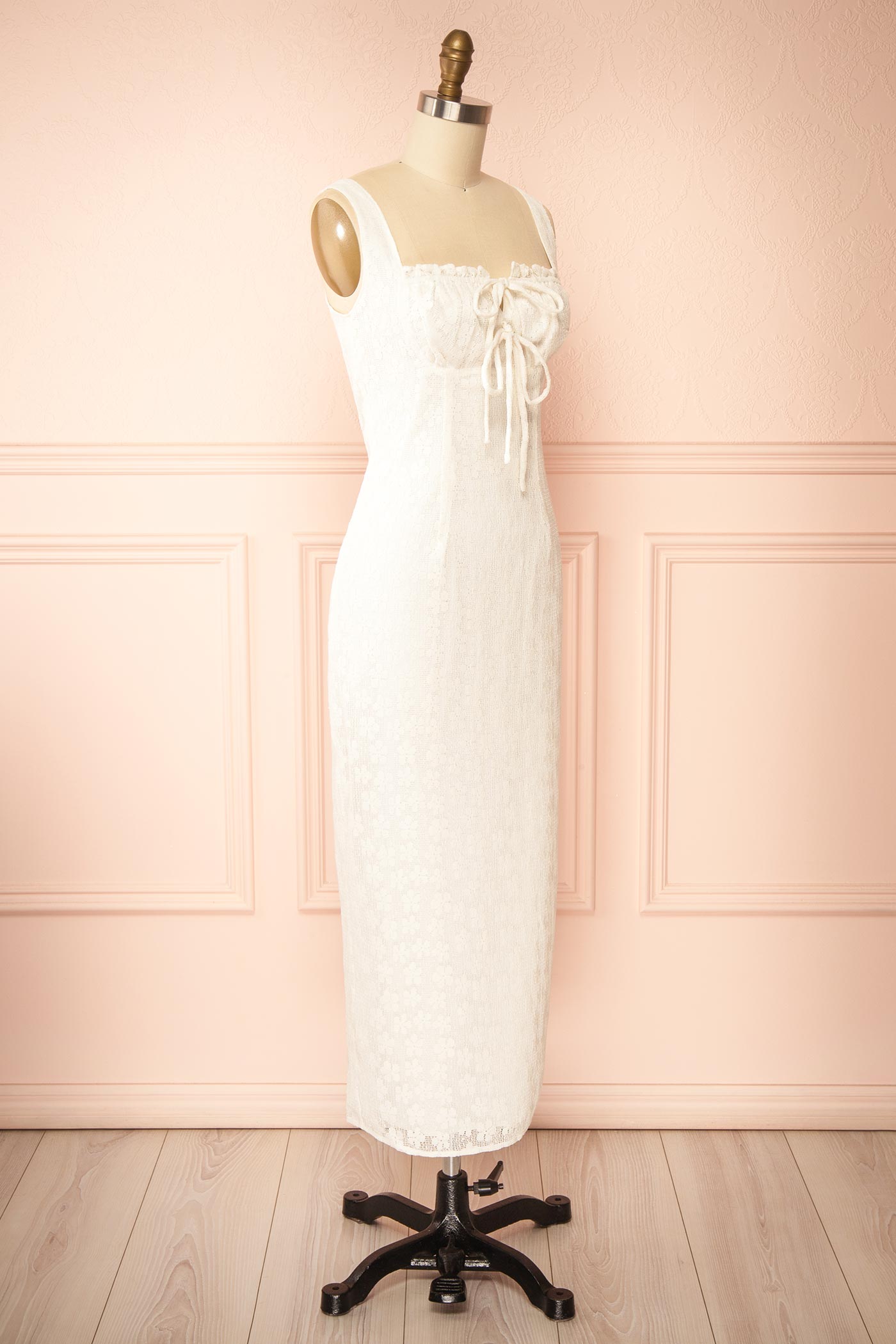 Sideview Nakoa Ivory Lace Midi Dress with Square Neckline at la boutque 1861