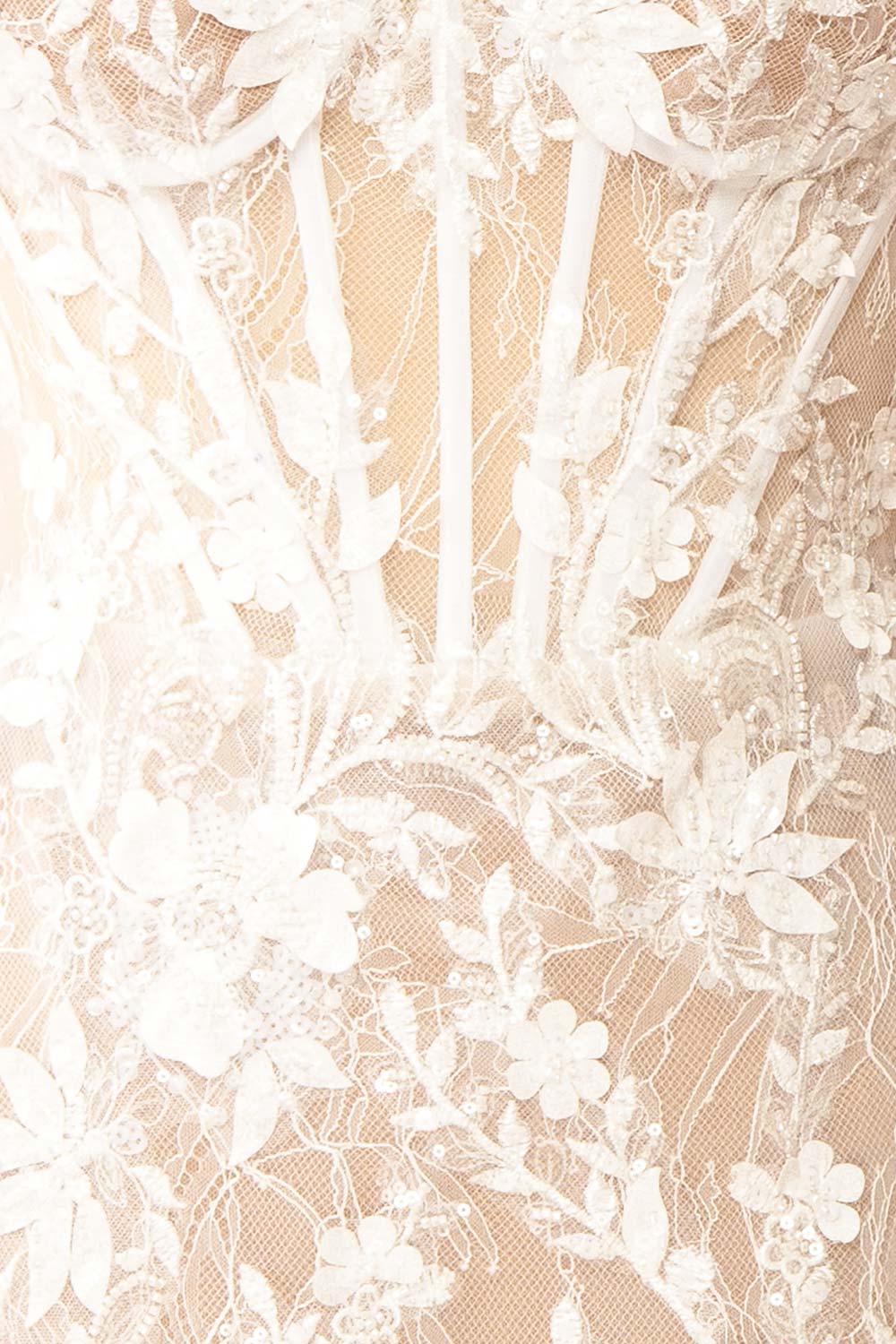 Nalah White Short Corset Dress with Appliqués | Boudoir 1861 fabric