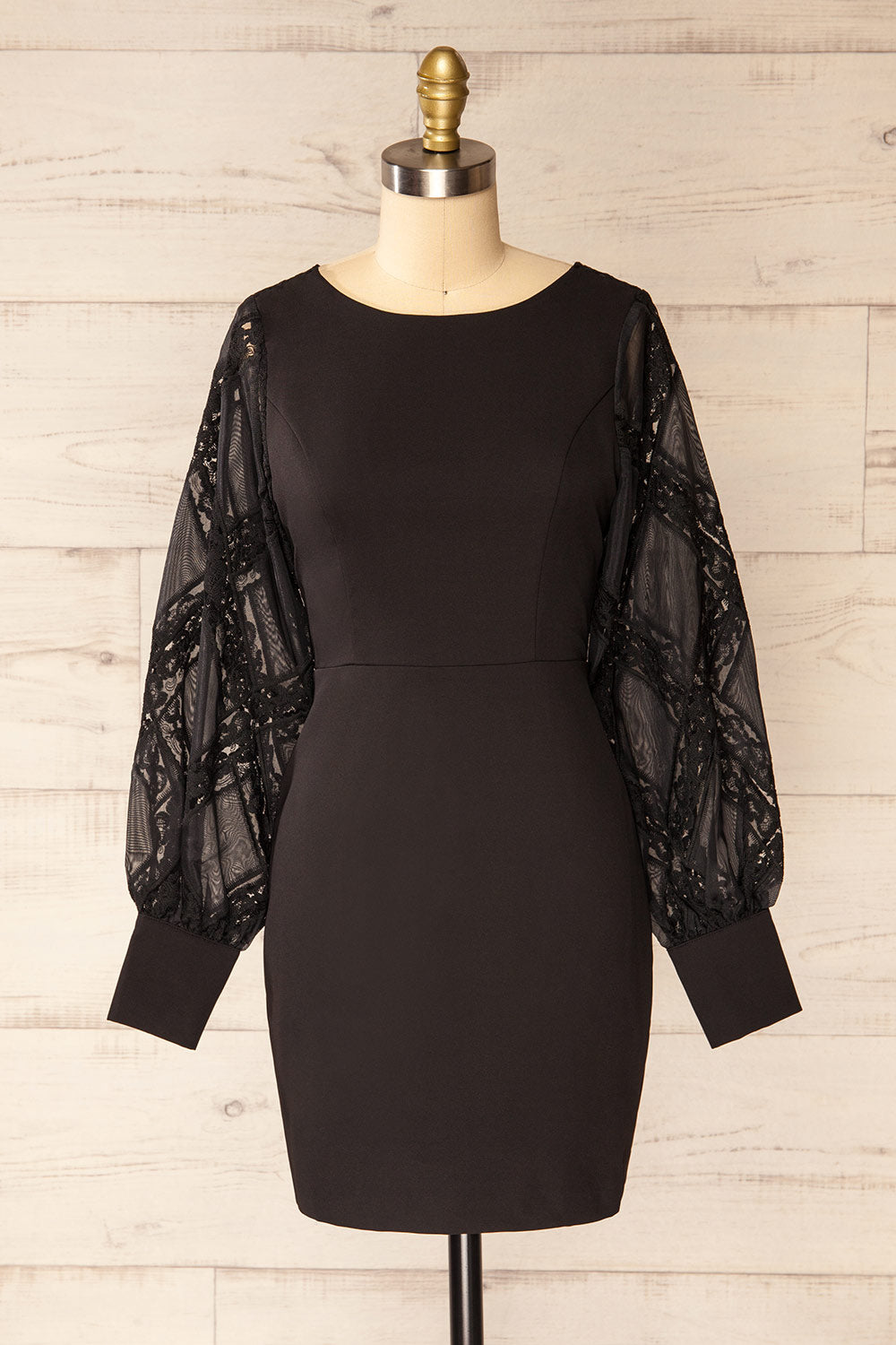 Nanterre Short Black Dress w/ Lace Sleeves