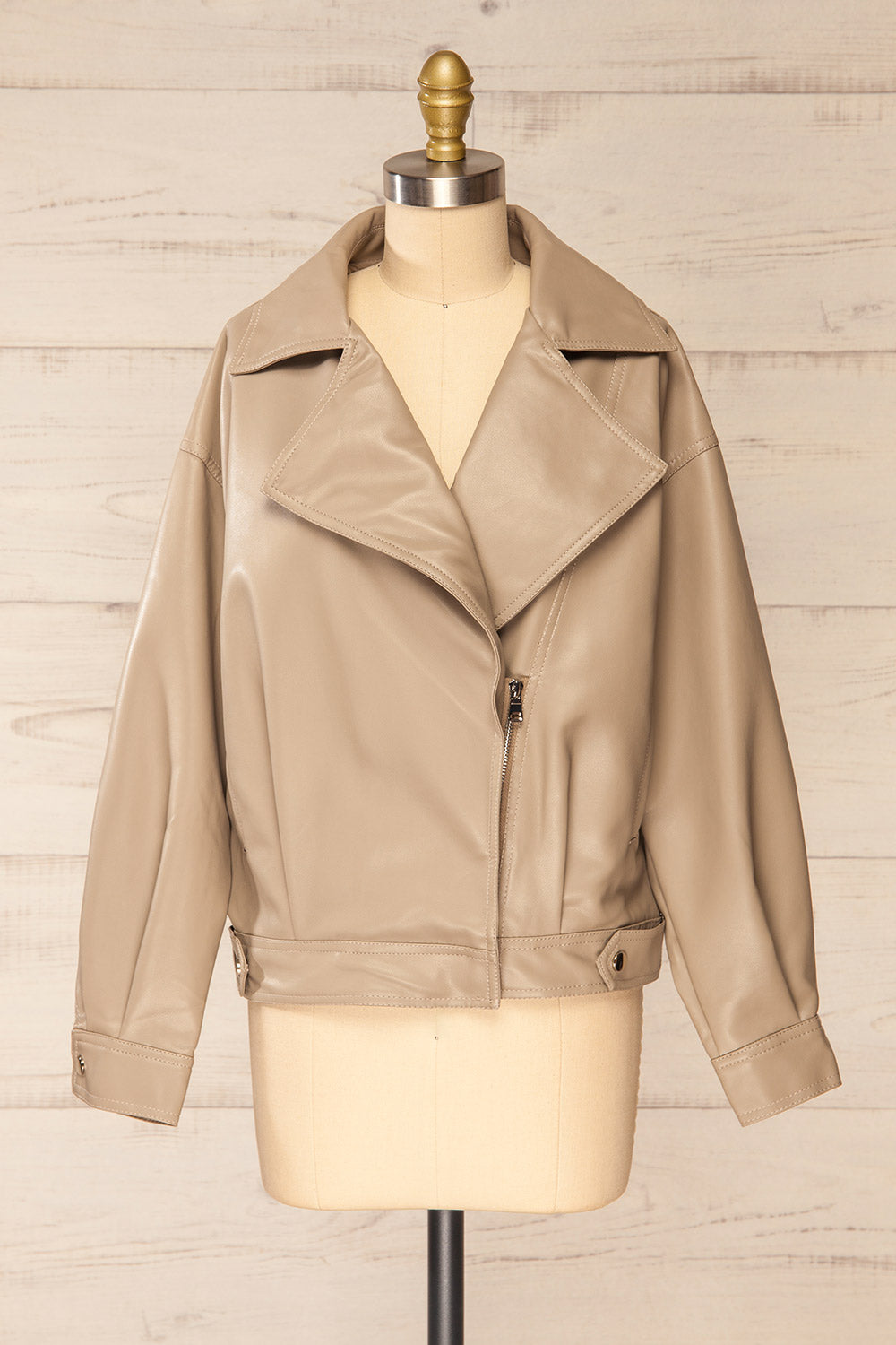 Nantes Taupe Faux Leather Jacket | La petite garçonne front view