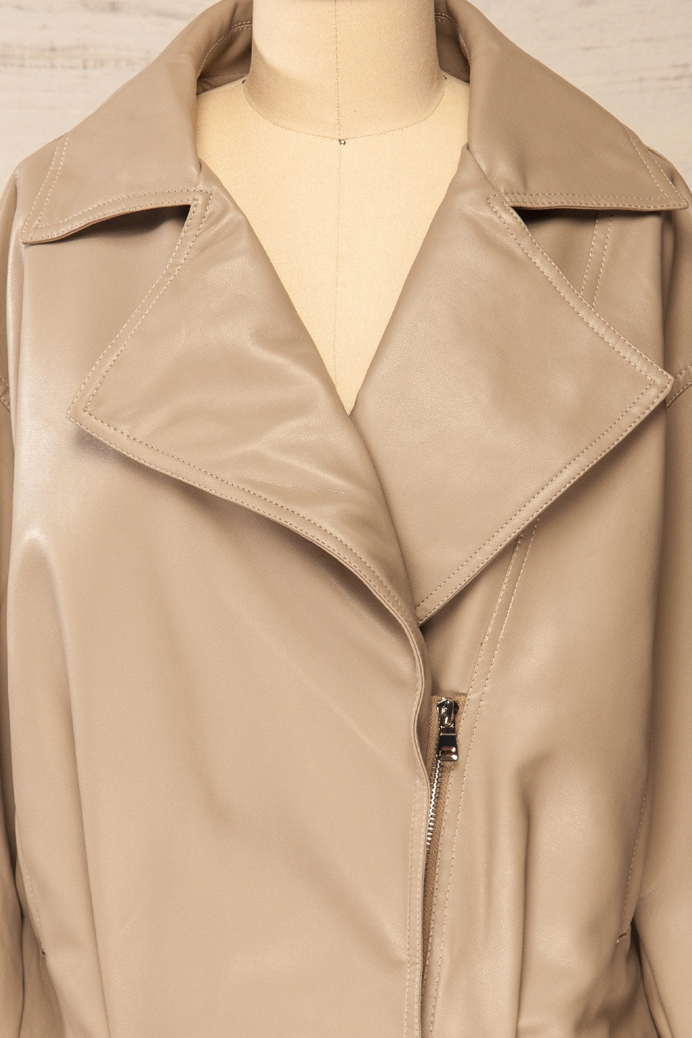 Nantes Taupe Faux Leather Jacket | La petite garçonne front close-up