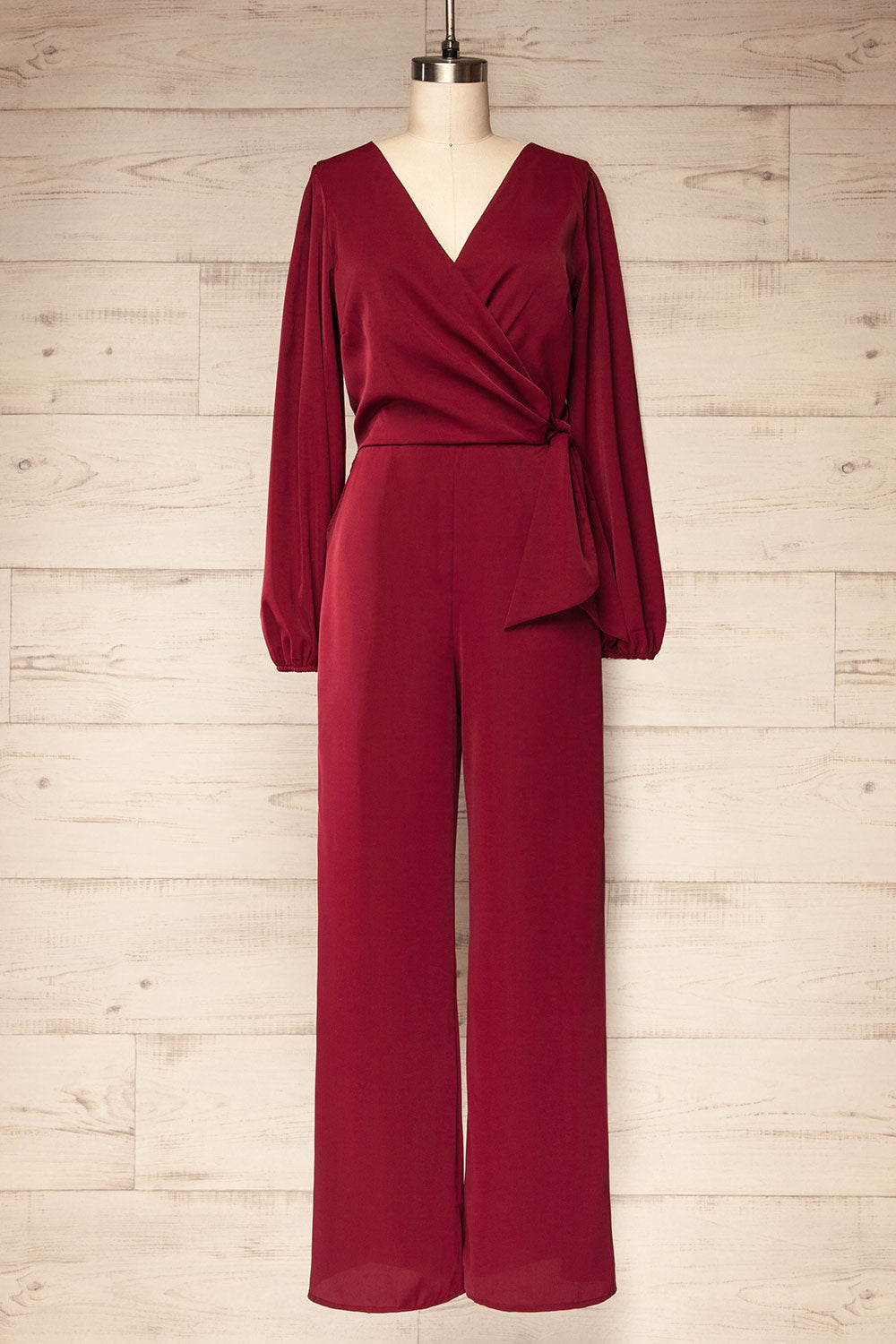 Nantwich Burgundy Silky Long-Sleeved Jumpsuit | La petite garçonne front view