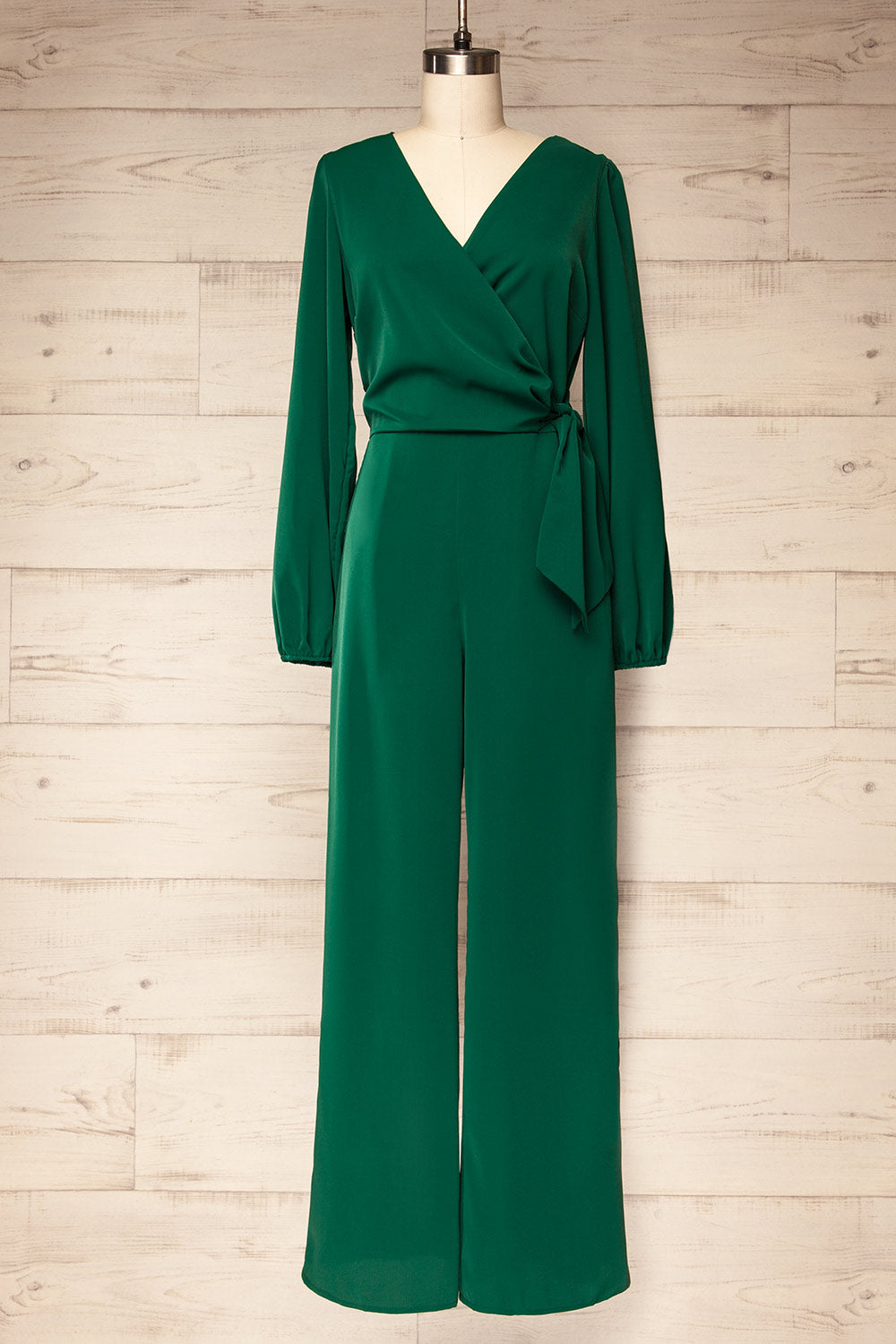 Nantwich Green Silky Long-Sleeved Jumpsuit | La petite garçonne front view