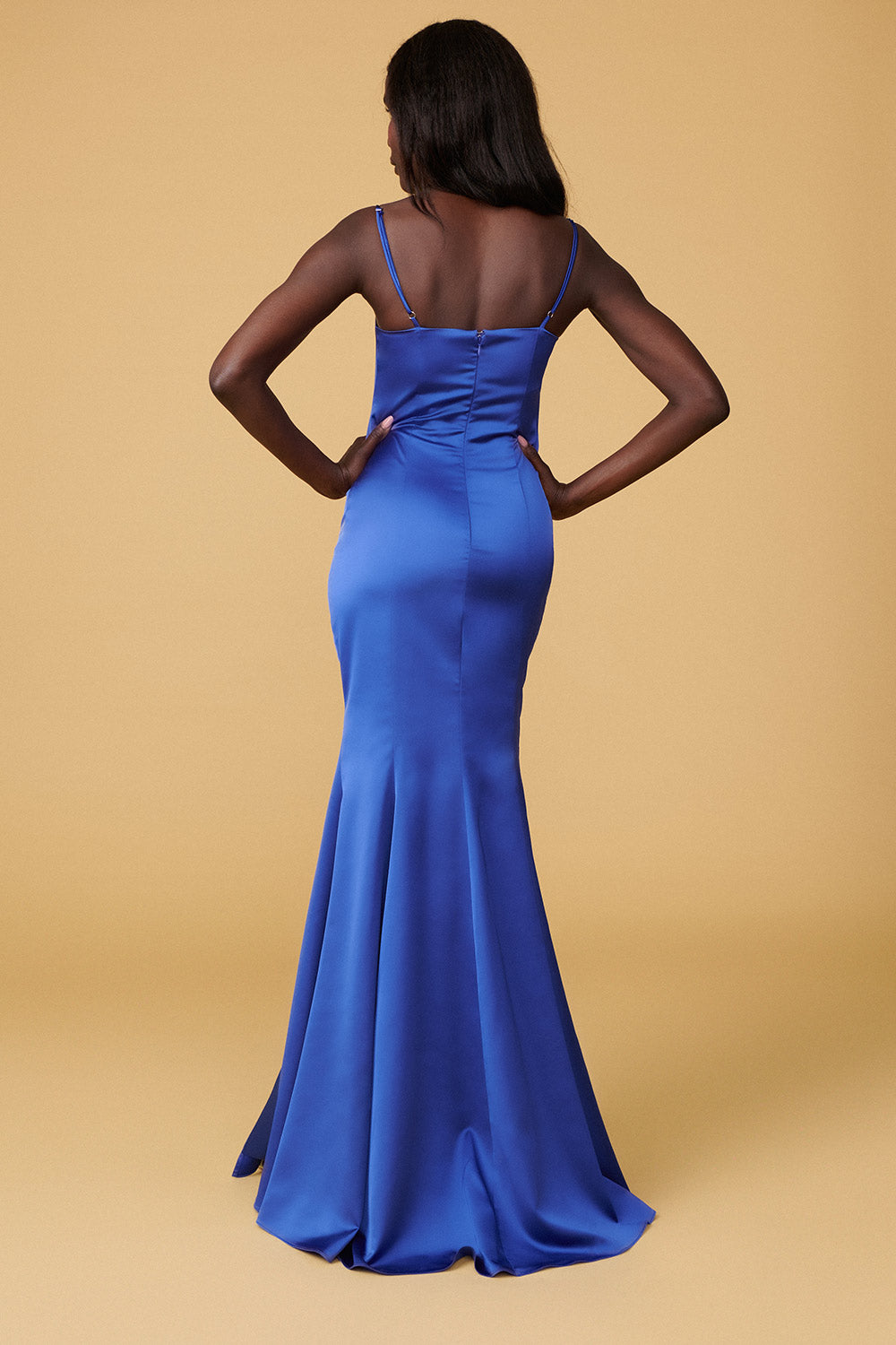 Naomie Blue Silky Mermaid Gown w/ Slit | Boudoir 1861 back on model