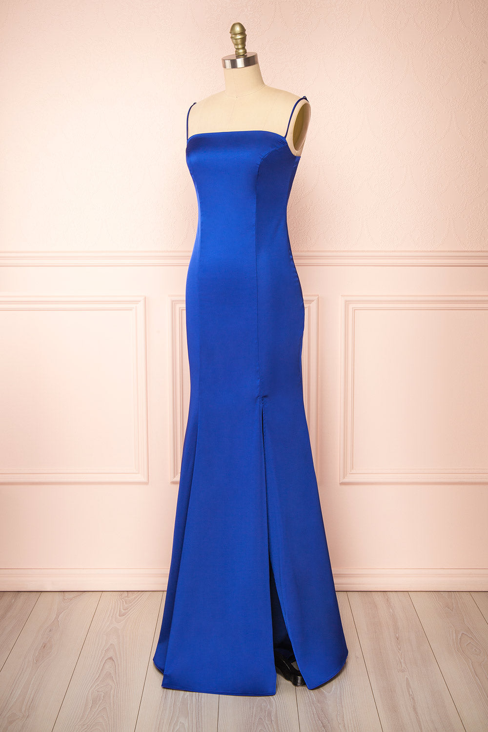 Naomie Blue Silky Mermaid Gown w/ Slit | Boudoir 1861 side view