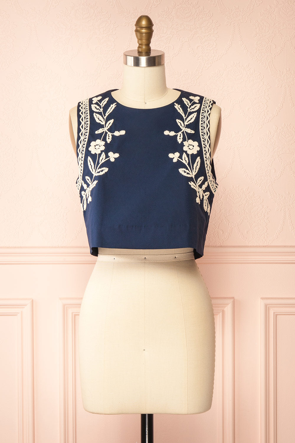 Narsica Navy Sleeveless Top with Floral Embroidery | Boutique 1861 front view