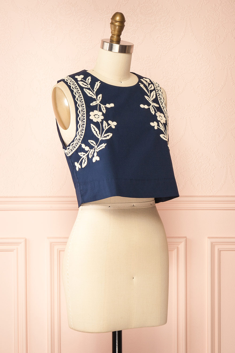 Narsica Navy Sleeveless Top with Floral Embroidery | Boutique 1861 side view