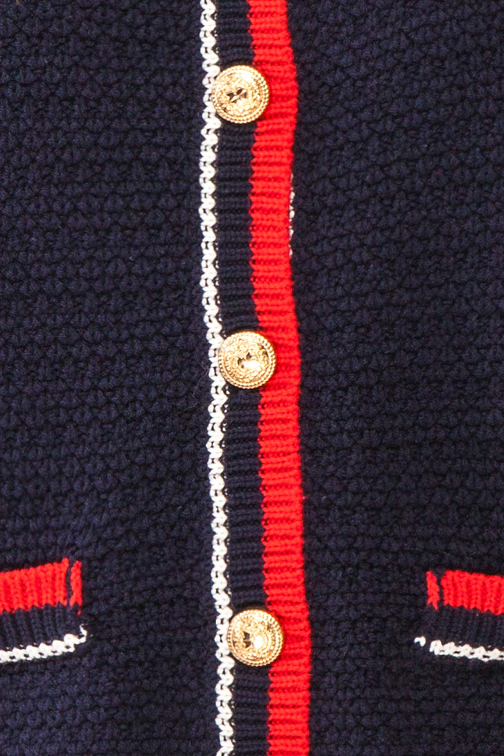 Narvella Navy Knit Cardigan w/ Golden Buttons | Boutique 1861 fabric