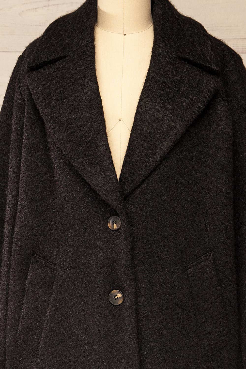 Naryn Black Felt Trench Coat | La petite garçonne front close-up