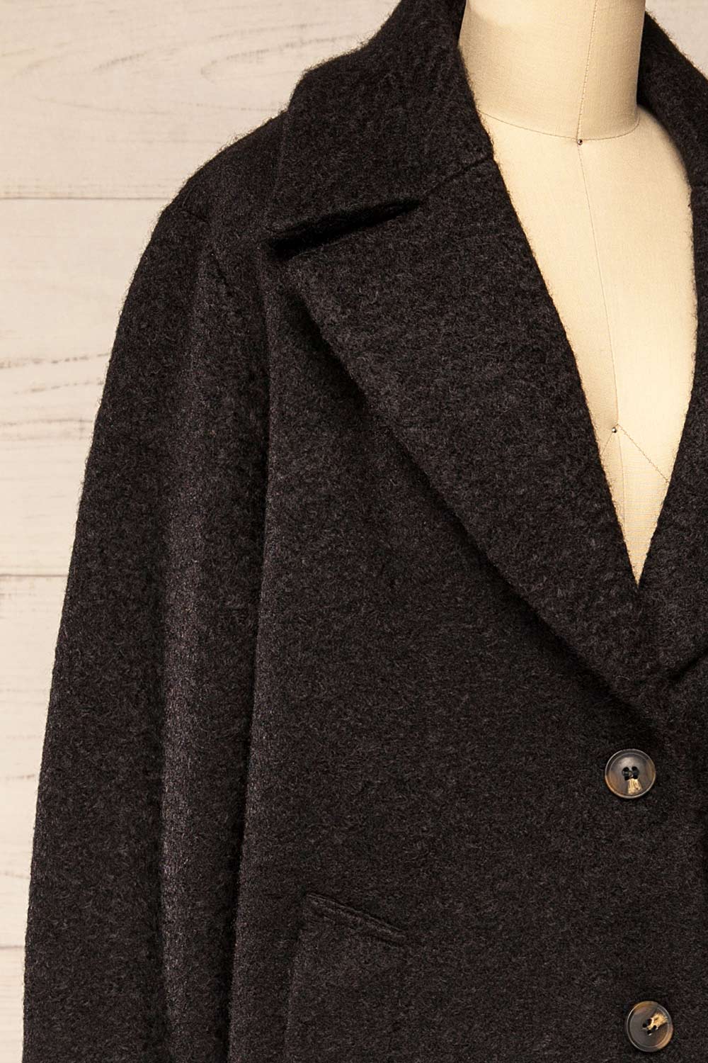 Naryn Black Felt Trench Coat | La petite garçonne side close-up