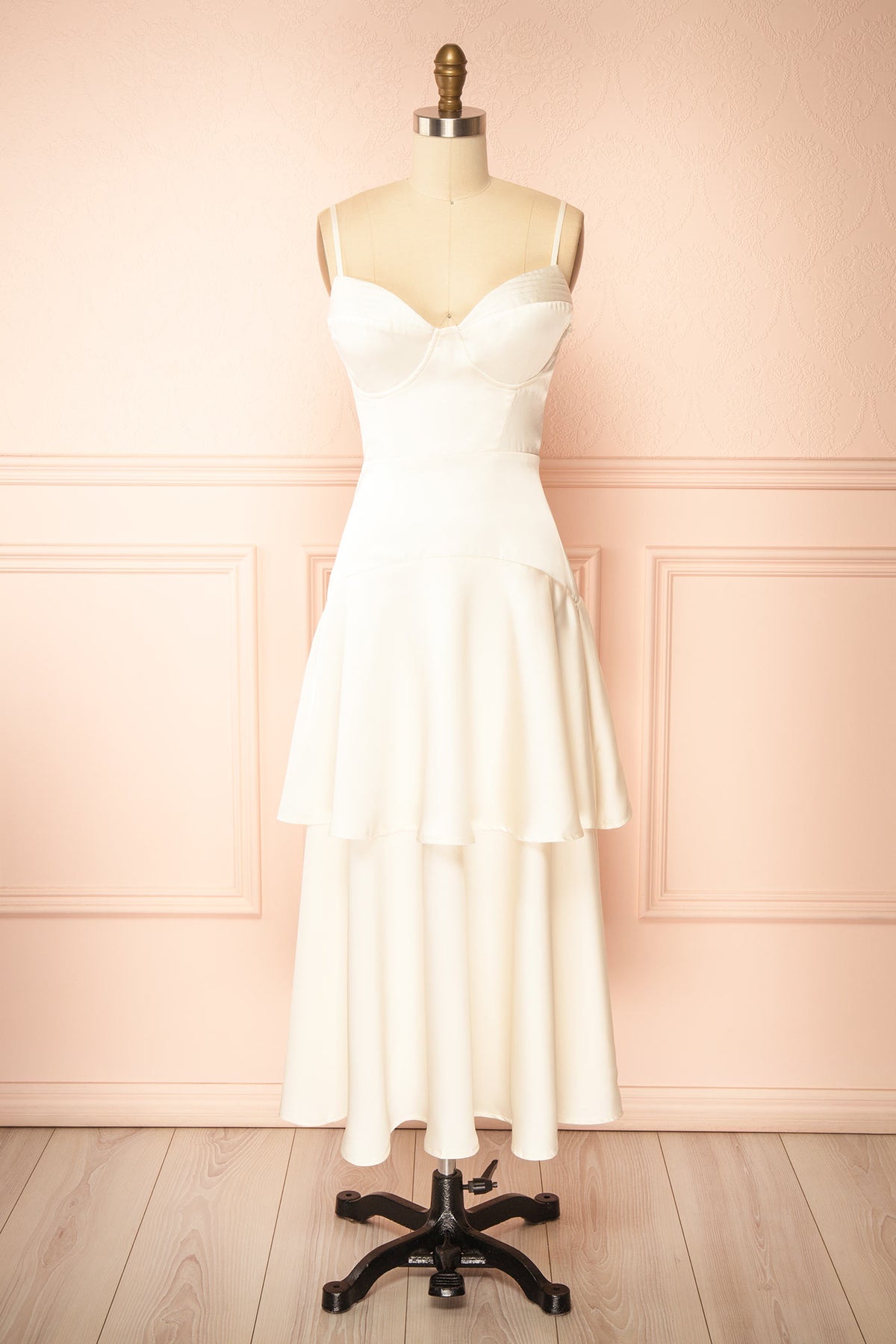 Front view of Nasella Ivory Tiered Satin Midi Dress at Boudoir 1861