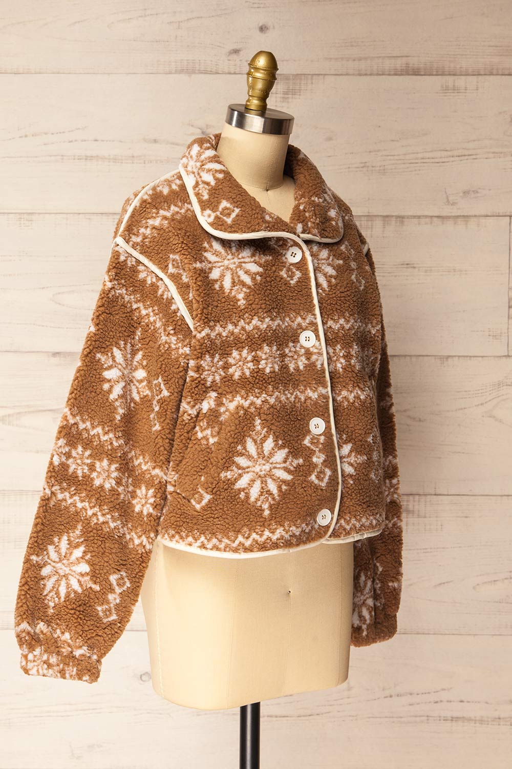 Nashik Brown Sherpa Jacket with Winter Motifs | La petite garçonne side view