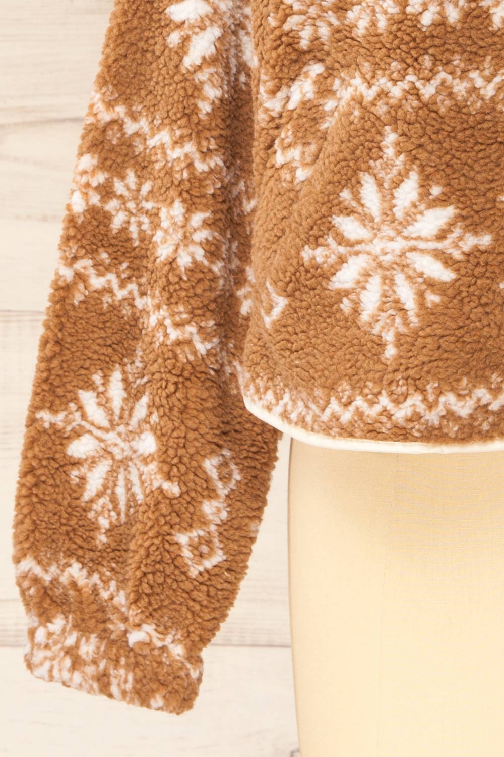 Nashik Brown Sherpa Jacket with Winter Motifs | La petite garçonne sleeve