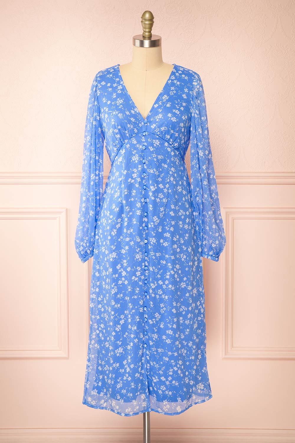 Natasha Long-Sleeved Floral Blue Midi Dress
