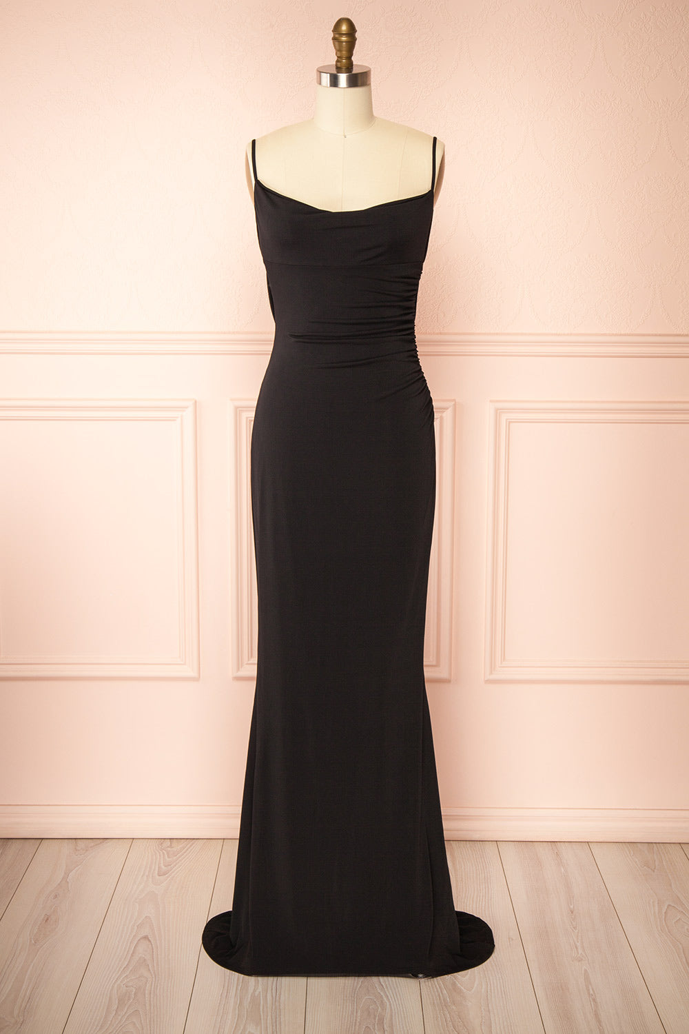 Nayla Black Mermaid Maxi Dress w/ Open Back | Boutique 1861 front view