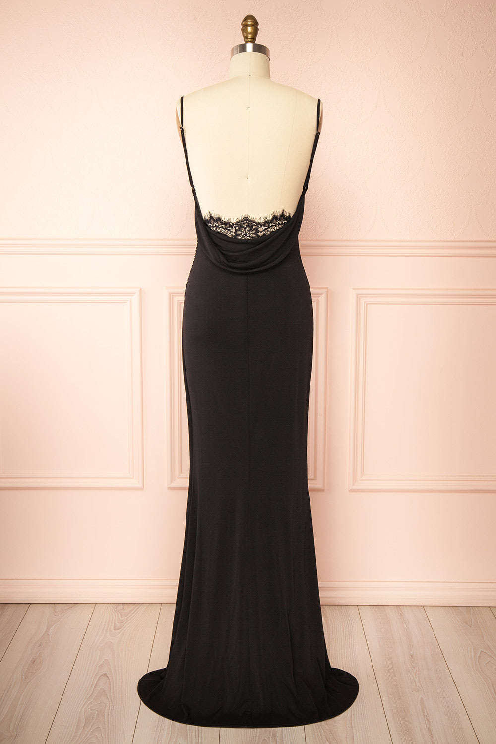 Nayla Black Mermaid Maxi Dress w/ Open Back | Boutique 1861 back view