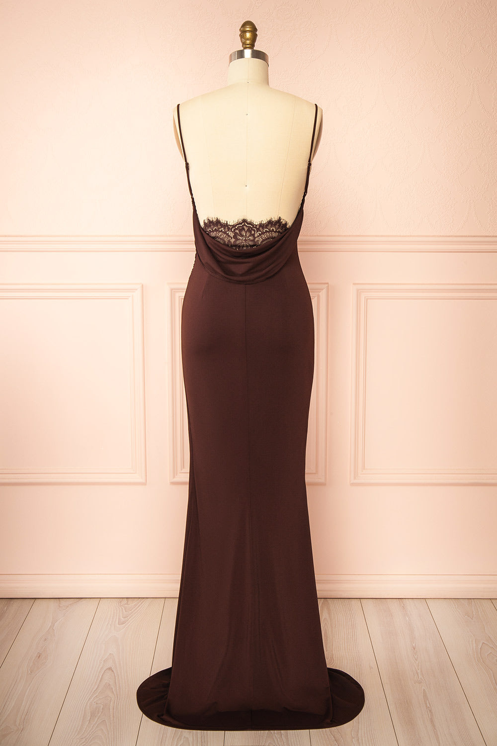 Nayla Brown Mermaid Maxi Dress with Open Back | La petite garçonne back view