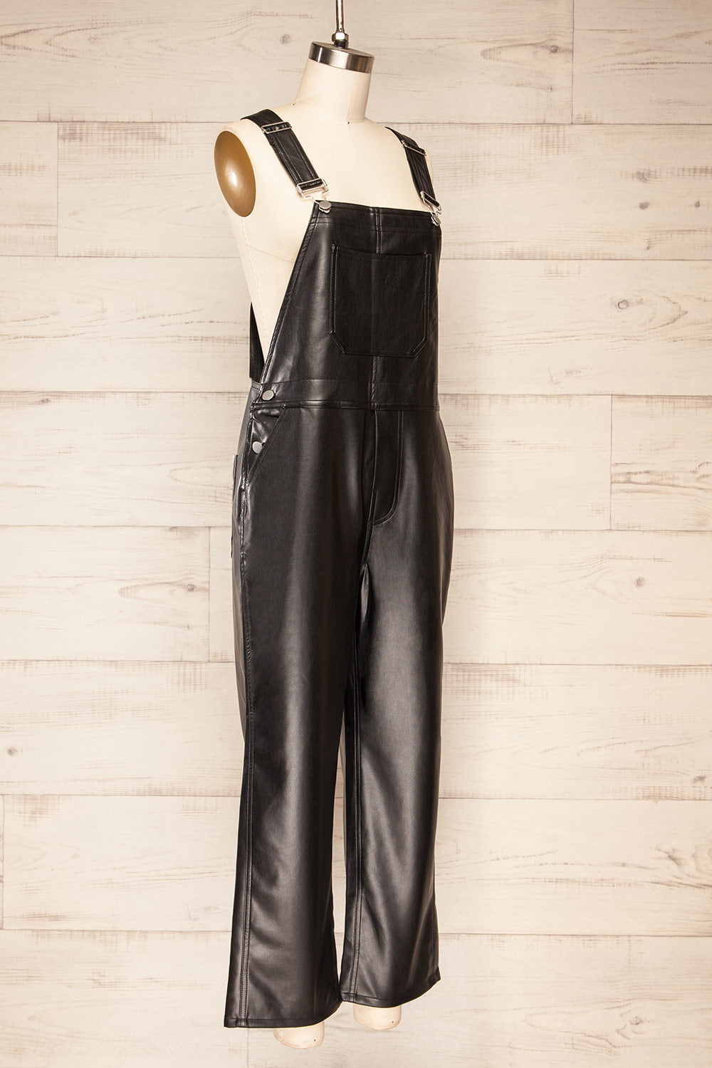 Ndjamena Black Faux Leather Overalls | La petite garçonne side view