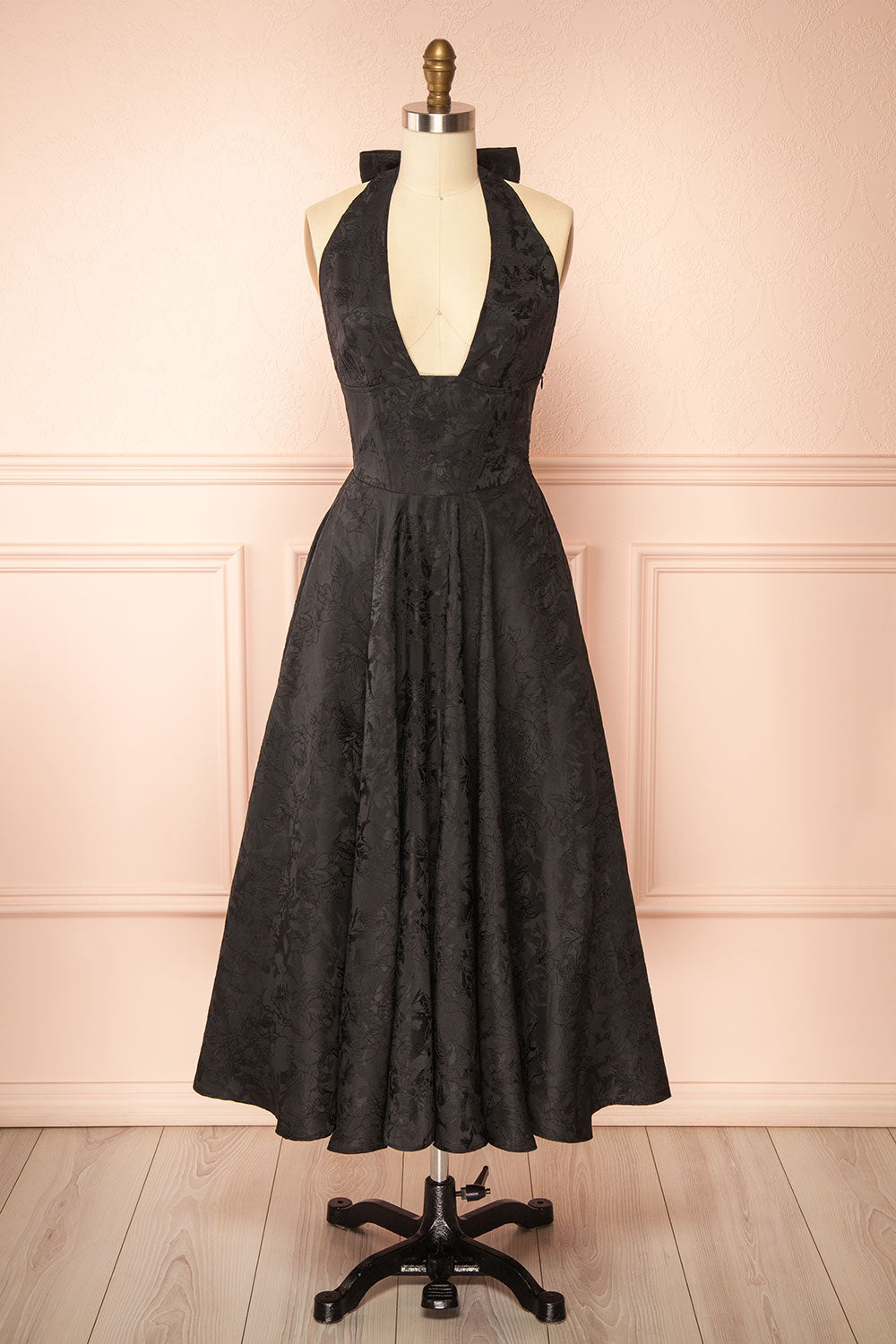 Nedjima Black Midi Jacquard Dress with Halter Neck and Pockets