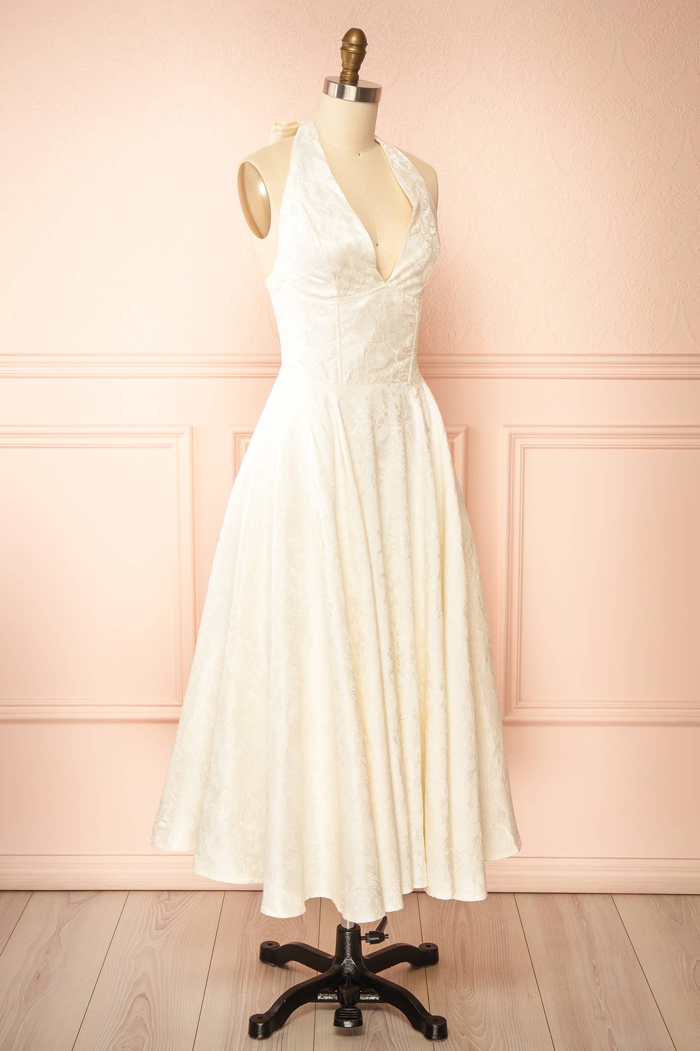 Nedjima Ivory | Midi Jacquard Dress with Halter Neck and Pockets
