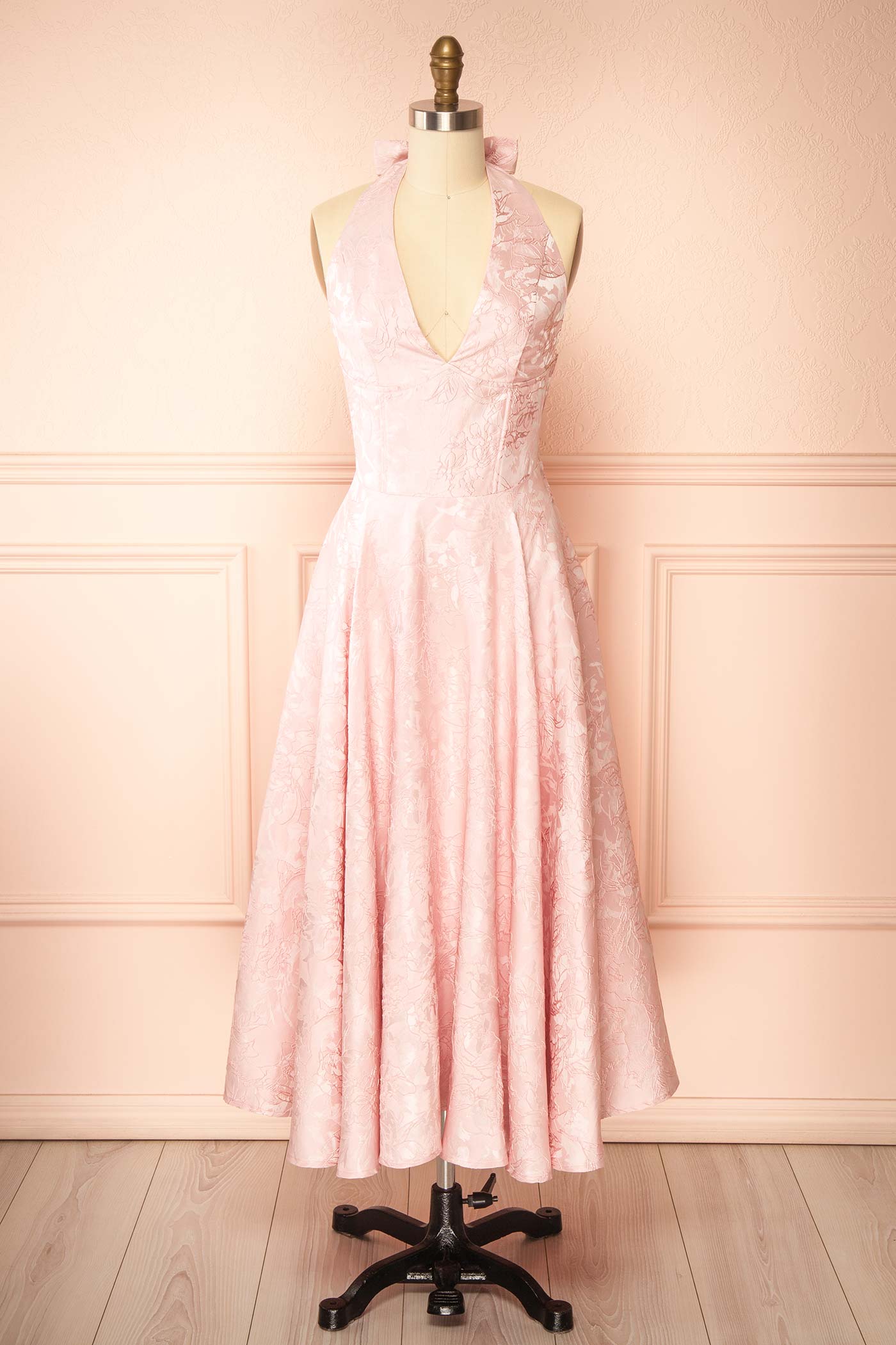 Nedjima Pink | Midi Jacquard Dress with Halter Neck and Pockets