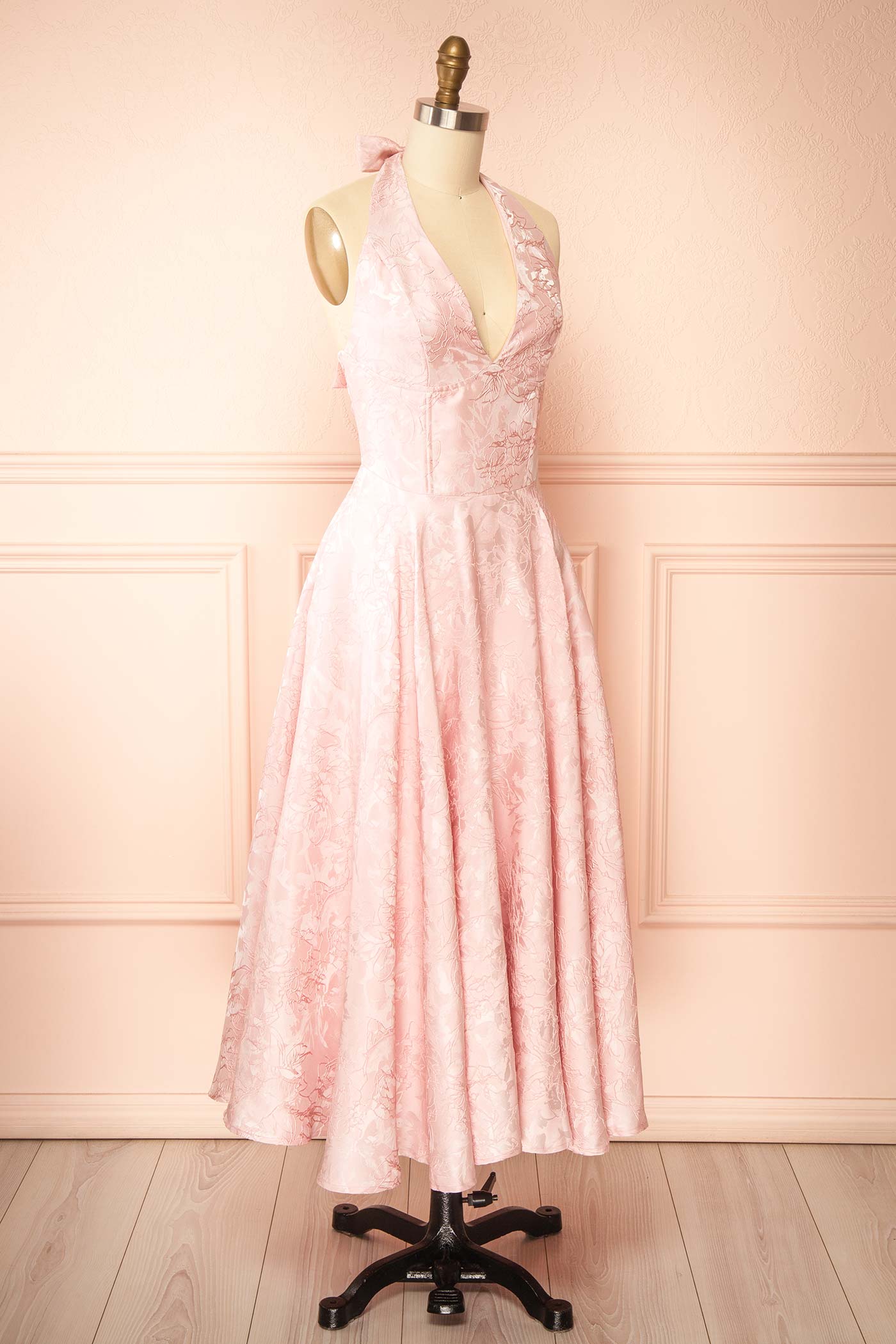 Nedjima Pink | Midi Jacquard Dress with Halter Neck and Pockets