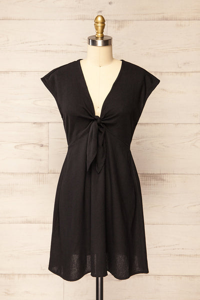 Neko Black Short Tie-Front Linen Dress | La petite garçonne front view